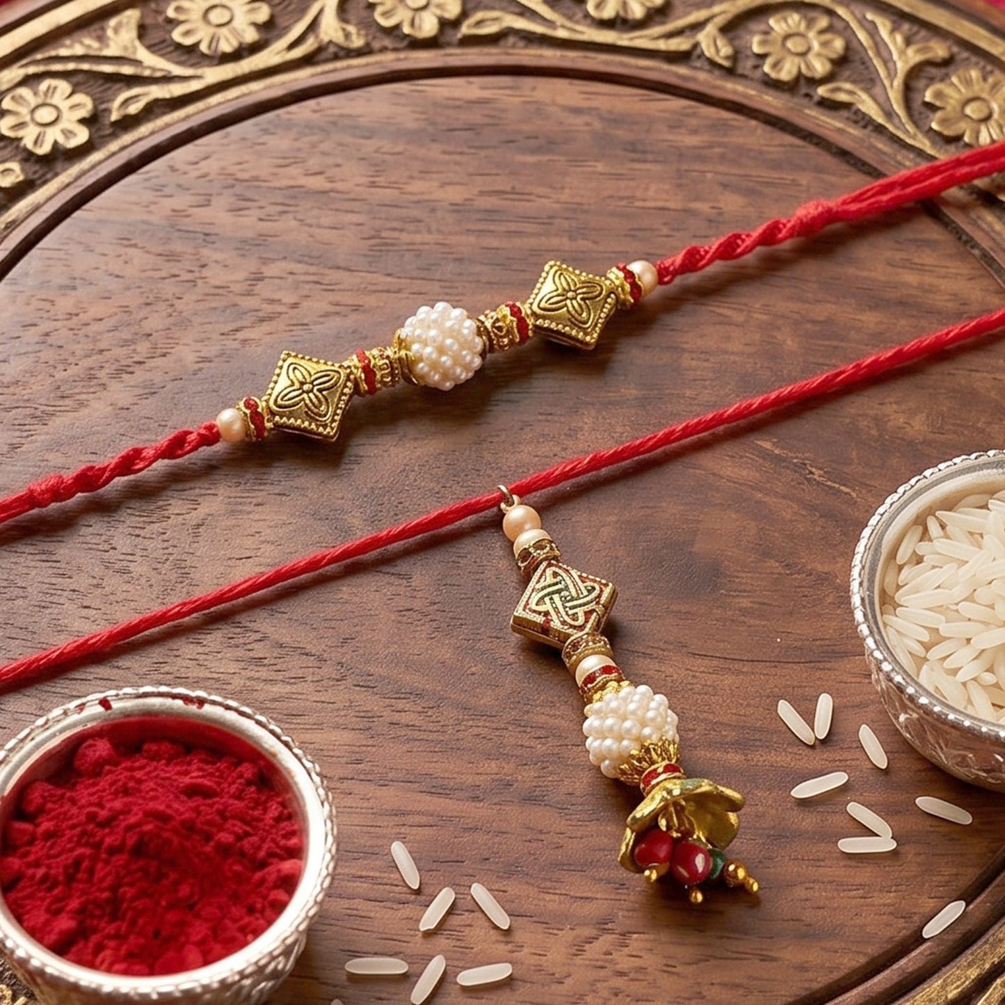 Hand holding Pearl Cube Bhabhi Rakhi for size and detail