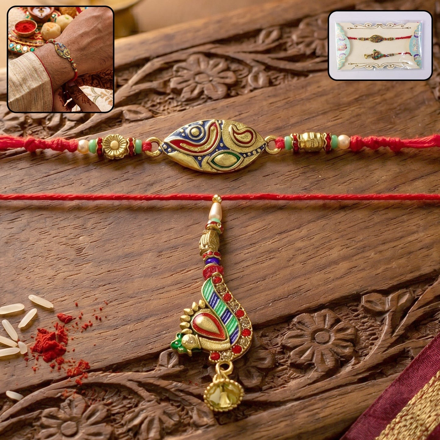 Vibrant Meenakari Peacock Rakhi with intricate design