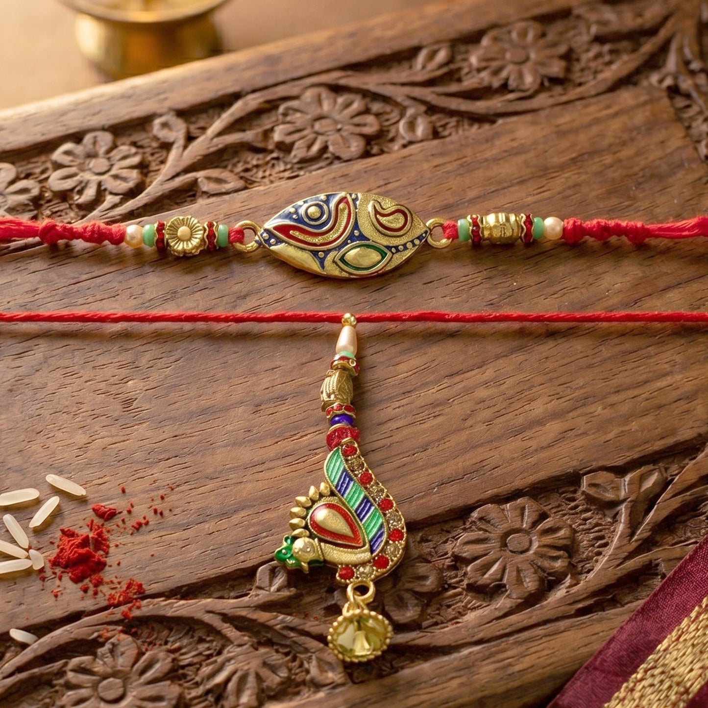 Colorful Meenakari Bhabhi Rakhi with peacock latkan front view