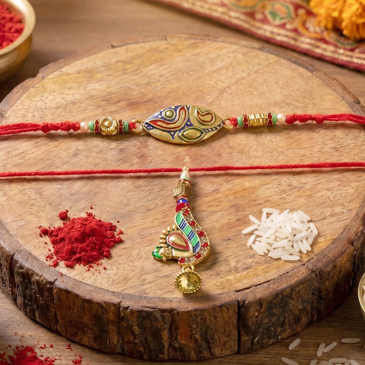 Close-up of peacock latkan embellishments on Rakhi