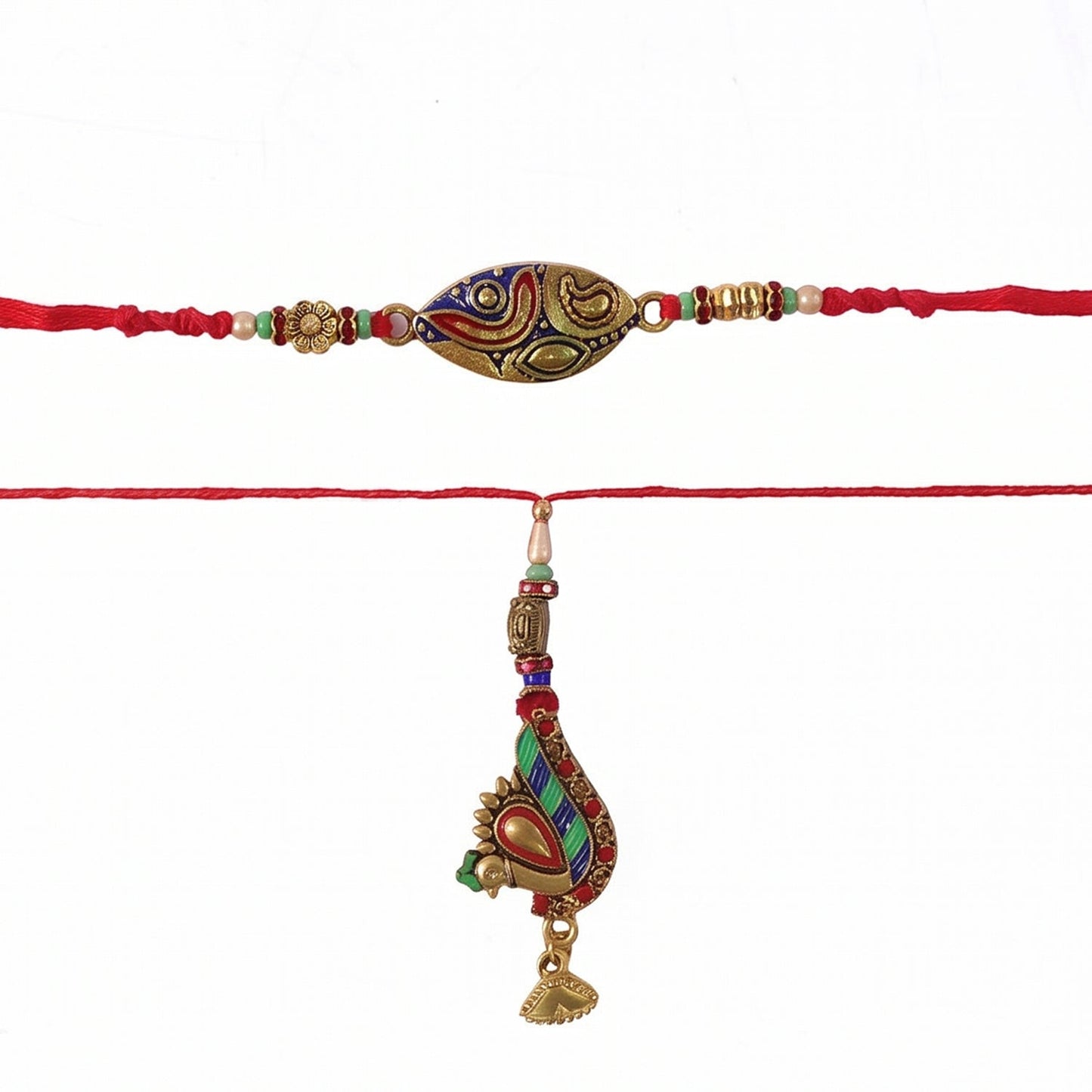 Bright and vibrant Meenakari Rakhi with peacock motif