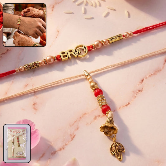 Close-up of Stone Chain Bhabhi Rakhi with golden peacock latkan