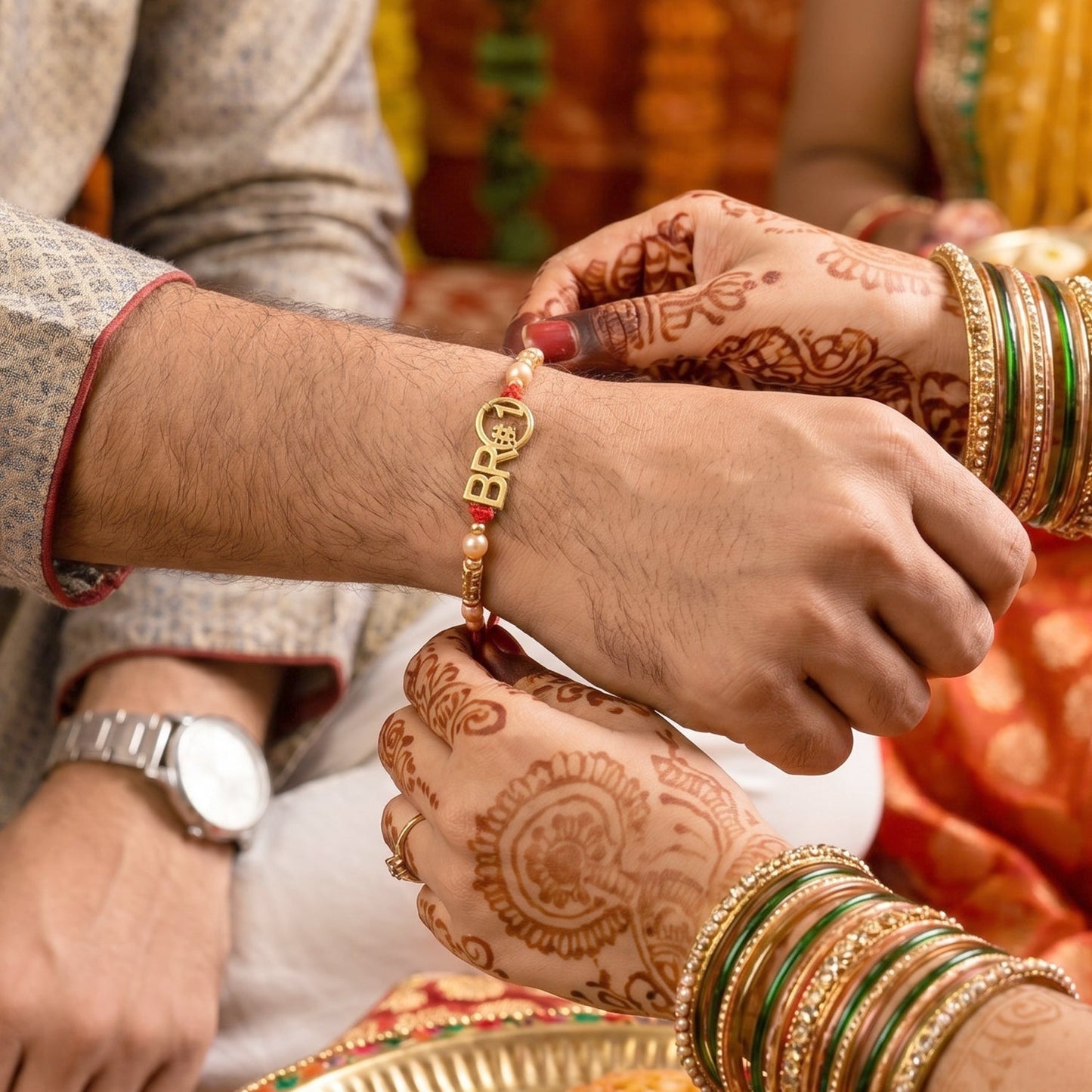 Front view of Stone Chain Bhabhi Rakhi showcasing intricate design