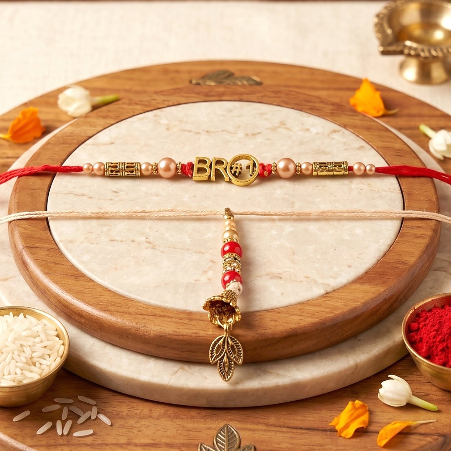 Detailed view of the golden peacock latkan on Bhabhi Rakhi