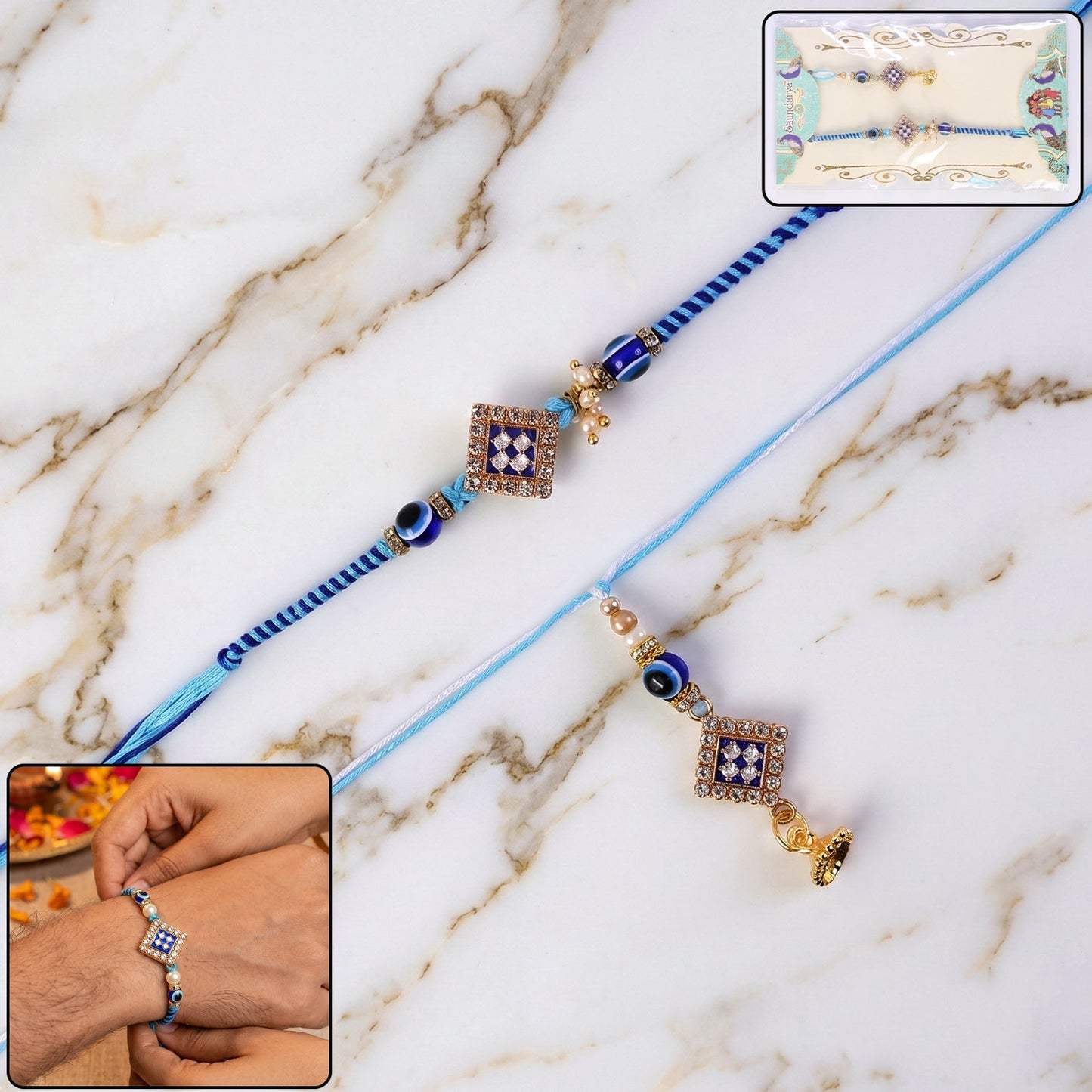 Side view showcasing the intricate twin charm design of Bhabhi Rakhi