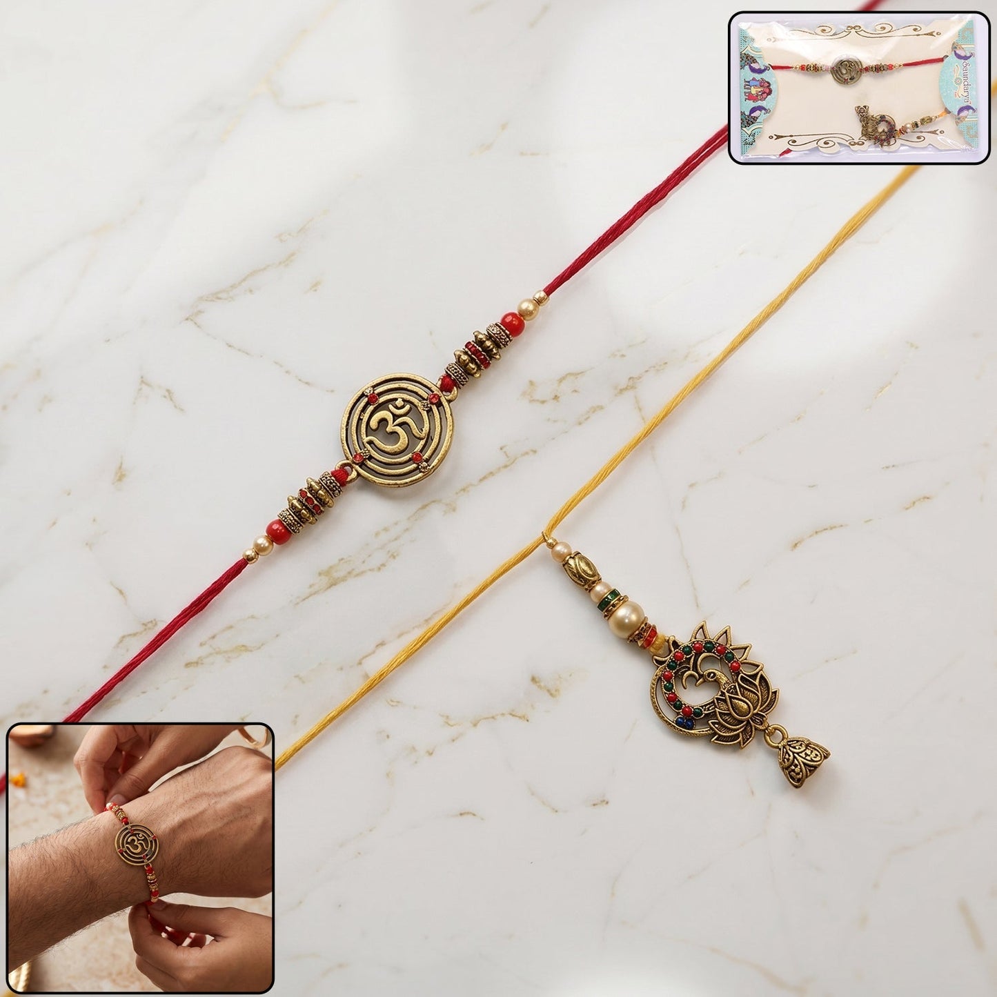 Closeup of Spiral Charm Bhabhi Rakhi with antique drop showcasing elegance