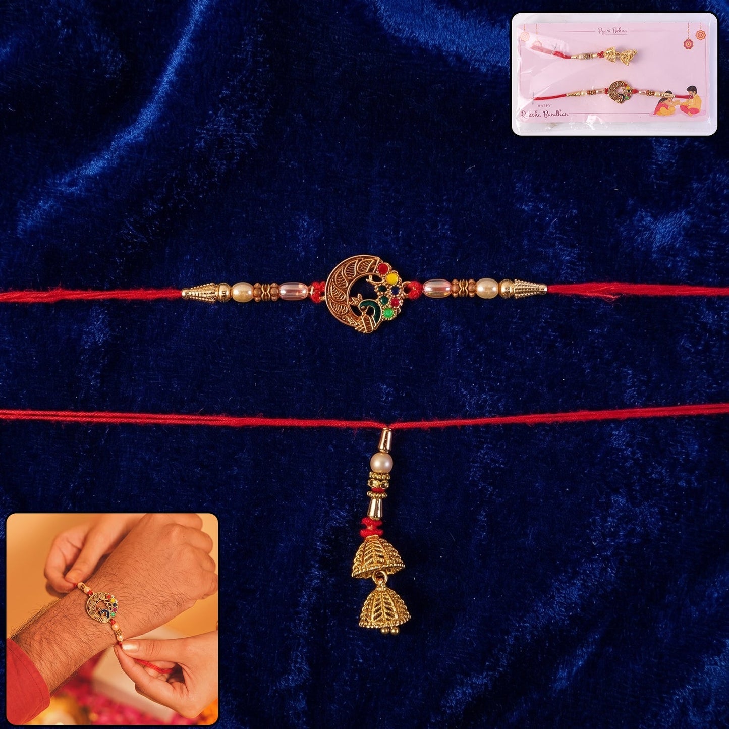 Close-up of a vibrant Peacock Motif Bhabhi Rakhi with pearl beads.