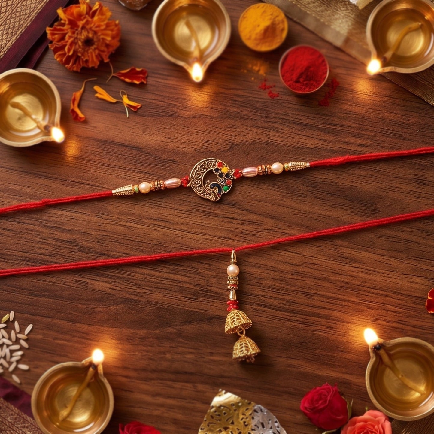 Detailed view of pearl beads and peacock design on the Bhabhi Rakhi.