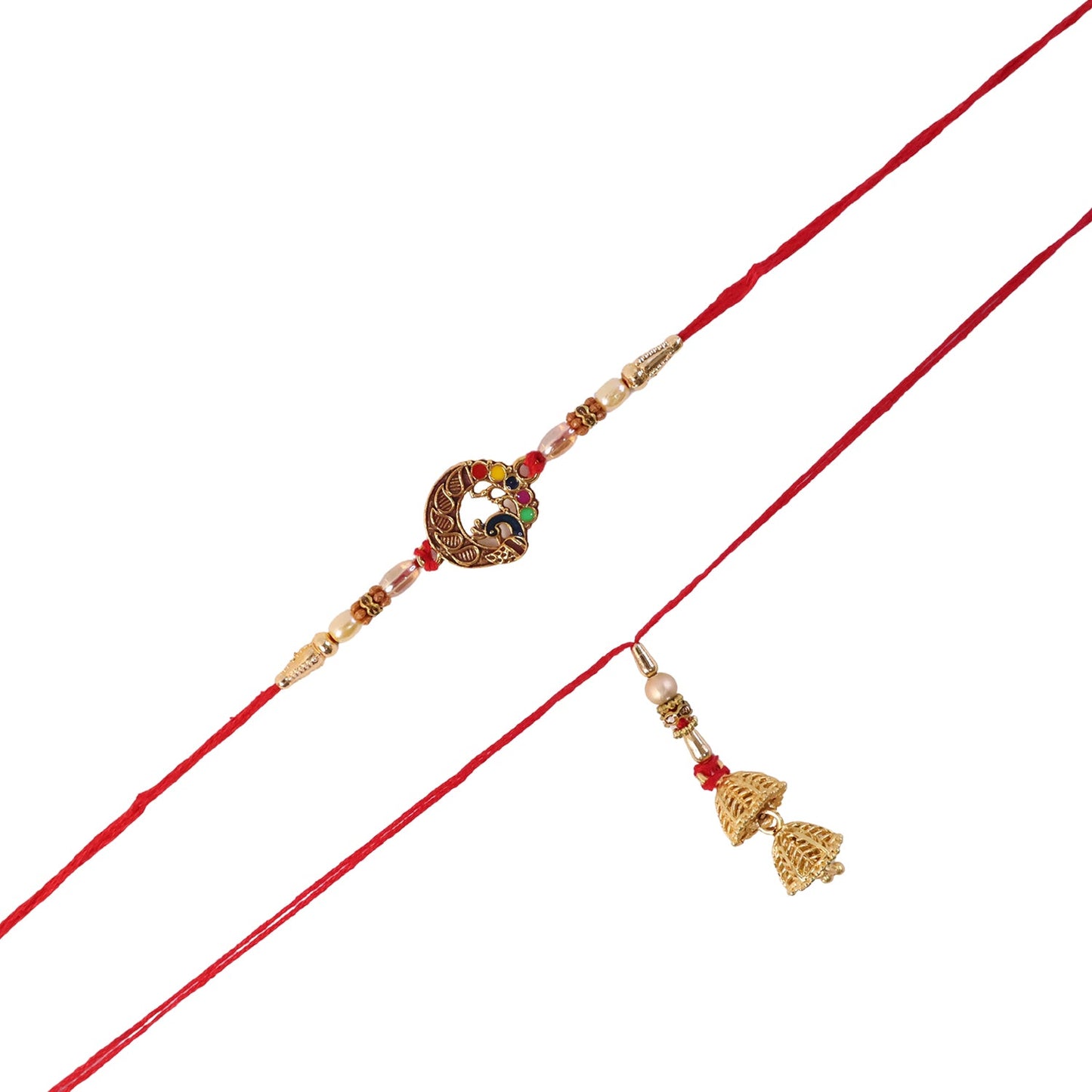 Elegant peacock motif design on a traditional Bhabhi Rakhi.