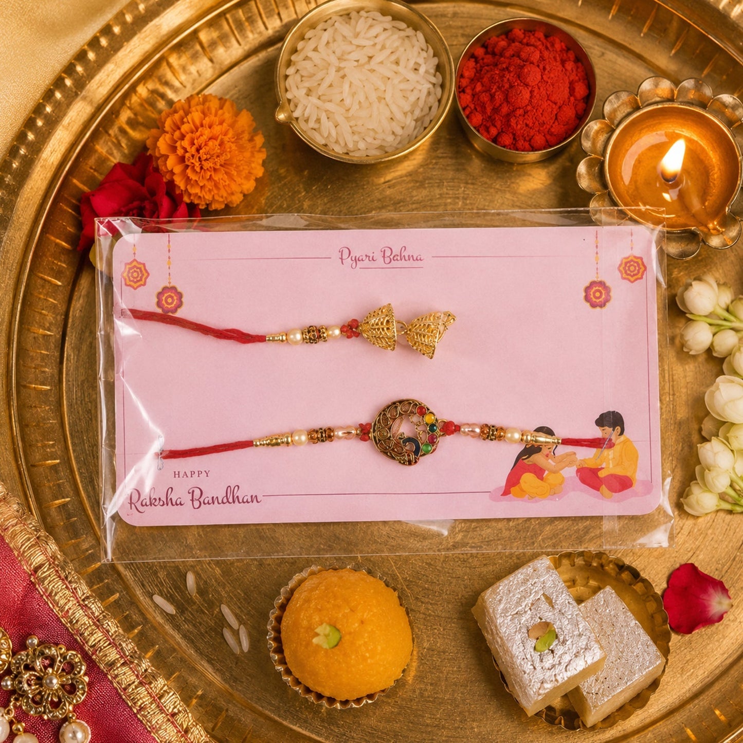 Handcrafted Pearl Beads Bhabhi Rakhi for Raksha Bandhan.