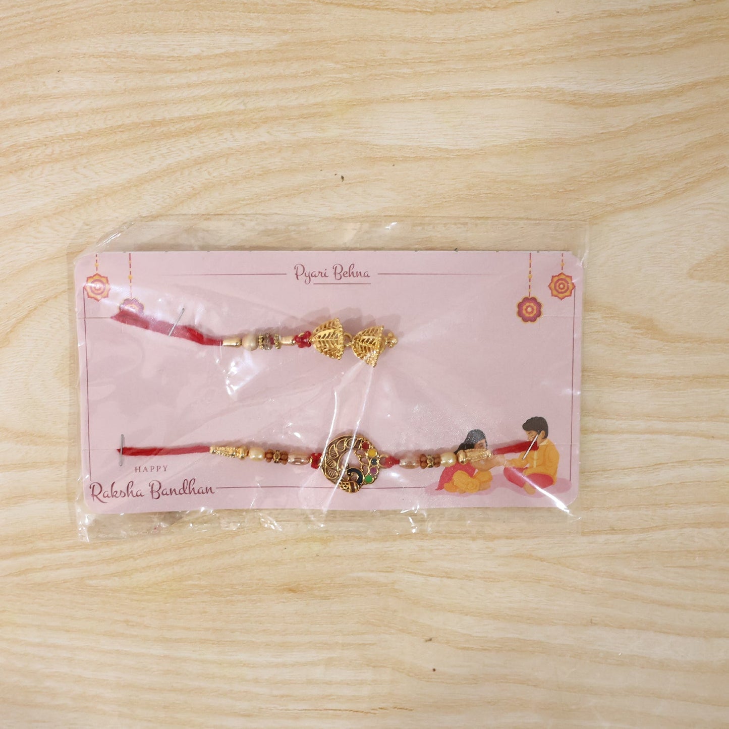 Traditional Peacock Motif Bhabhi Rakhi from a close perspective.
