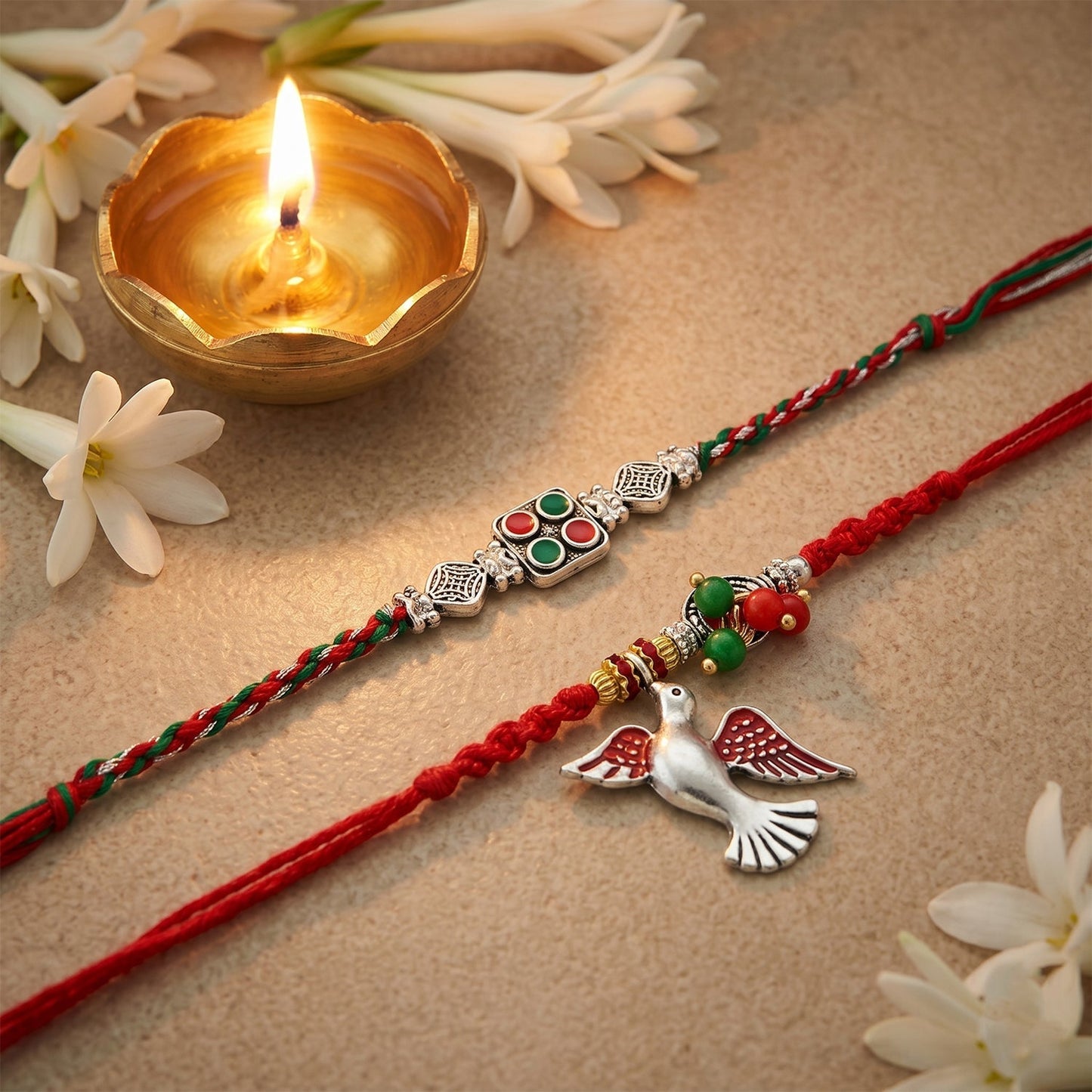 Close-up of packaged Bead Bhabhi Rakhi with festive card