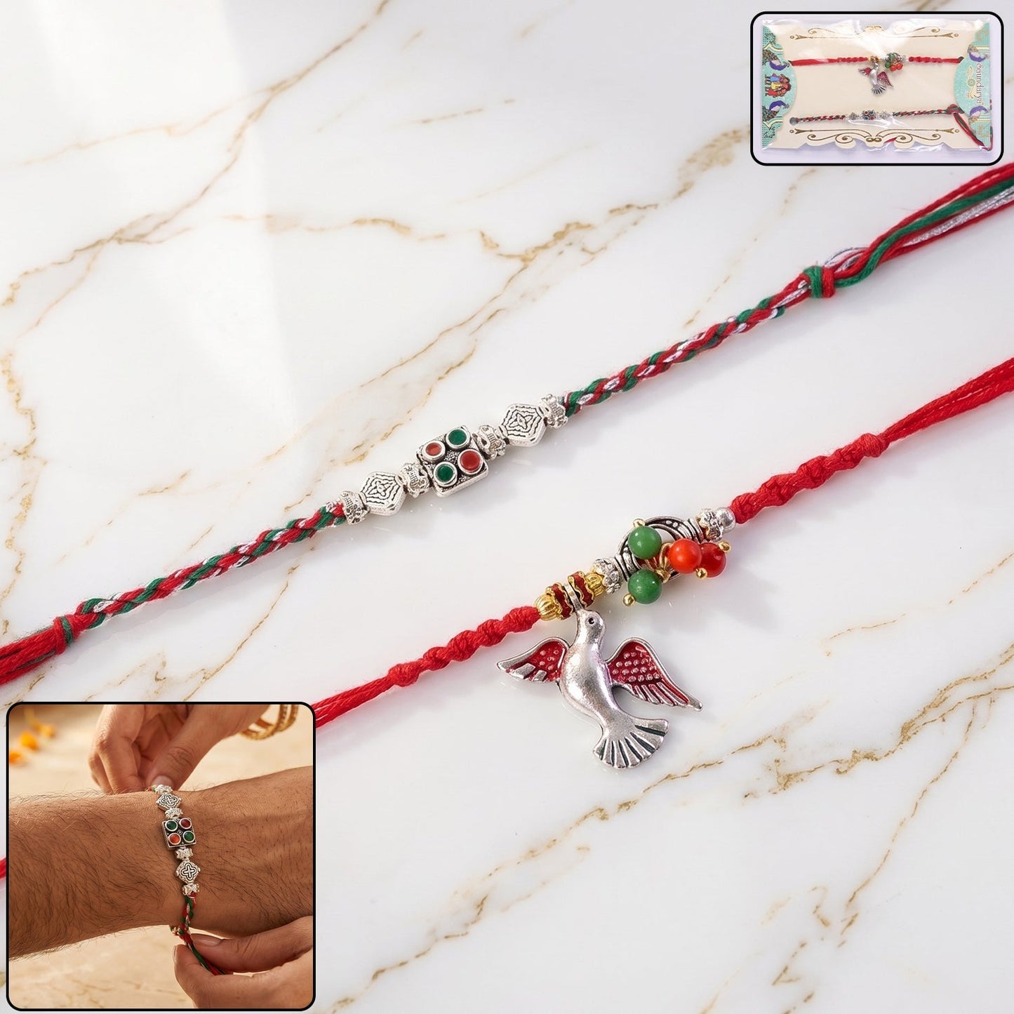 Top view of floral Bhabhi Rakhi with red thread detail