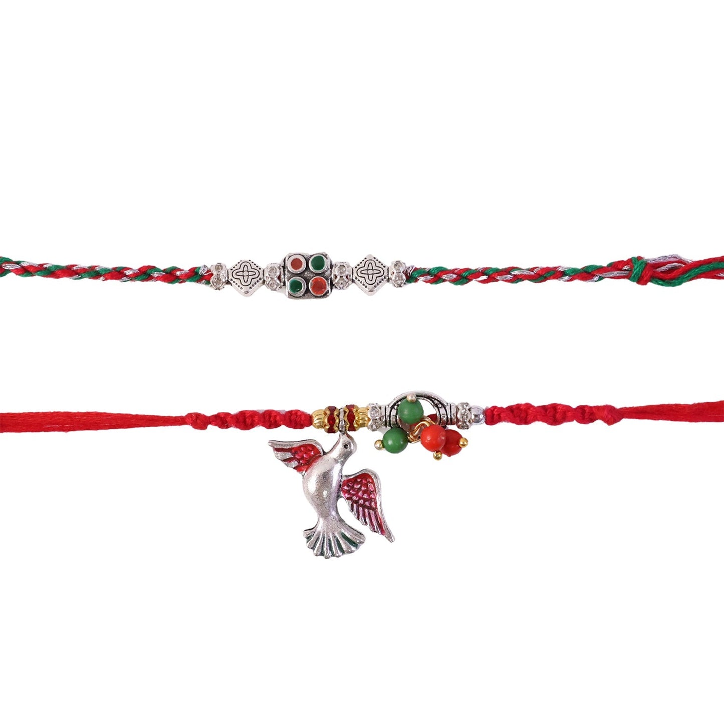 Side angle of floral Bhabhi Rakhi with packaging