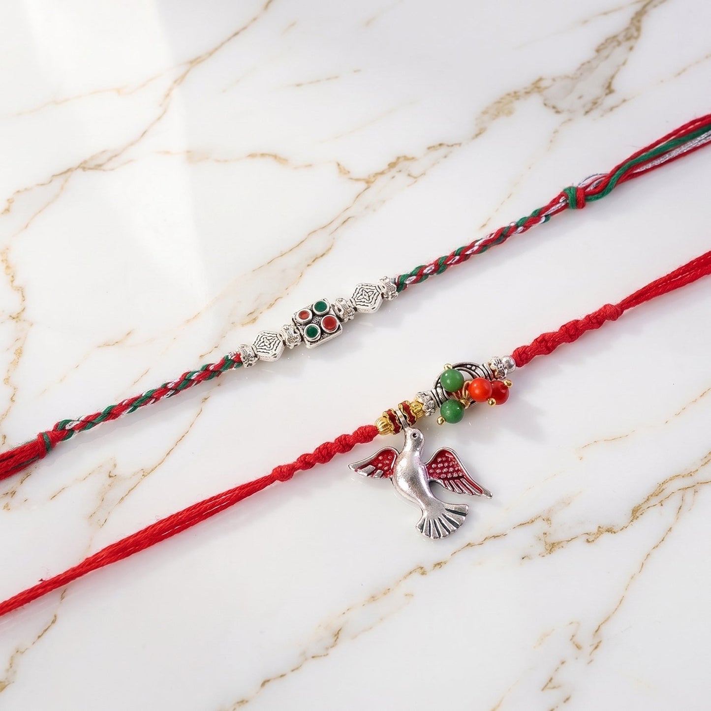 Bhabhi Rakhi showing traditional floral craft with red thread
