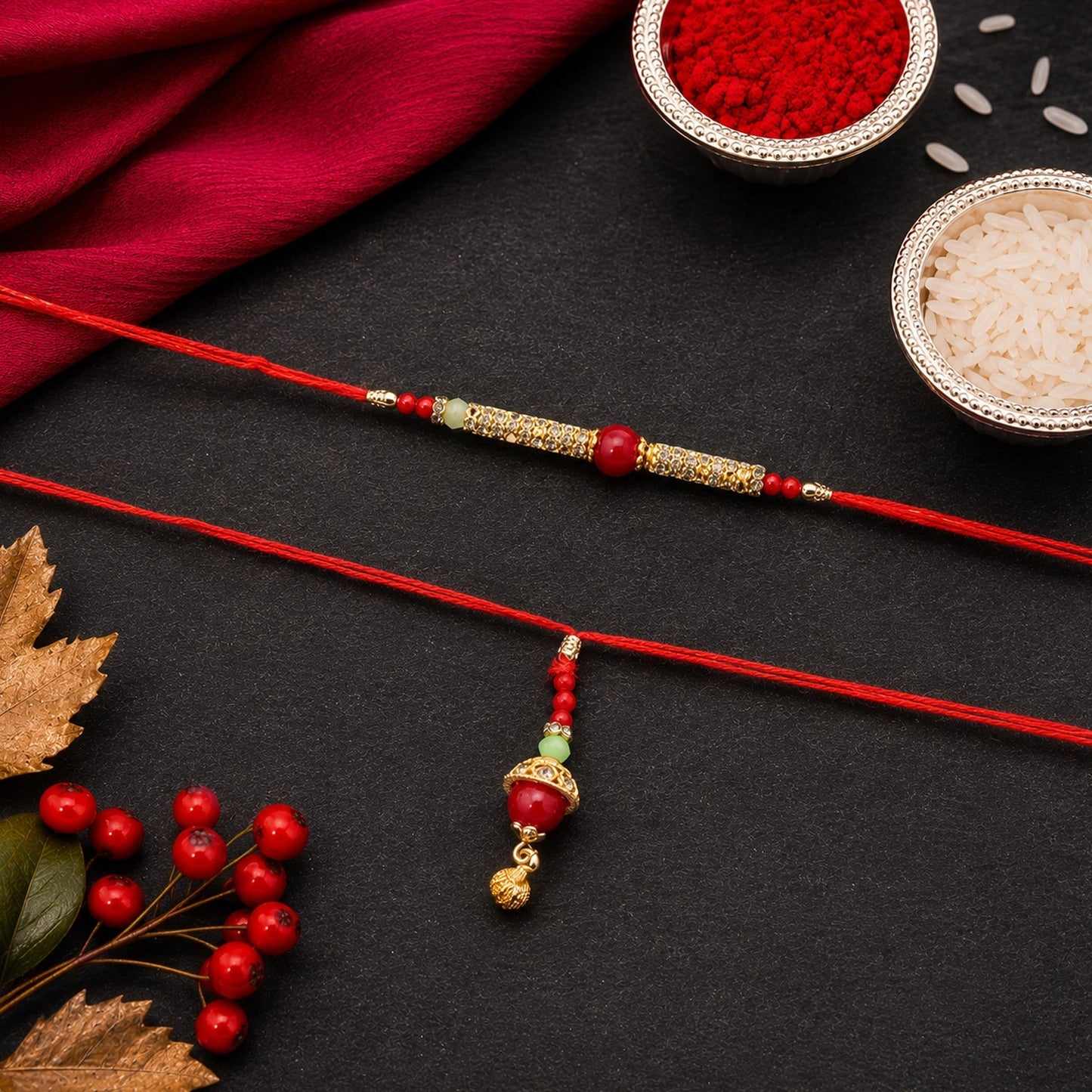 Red pearl Bhabhi Rakhi with golden charm close-up