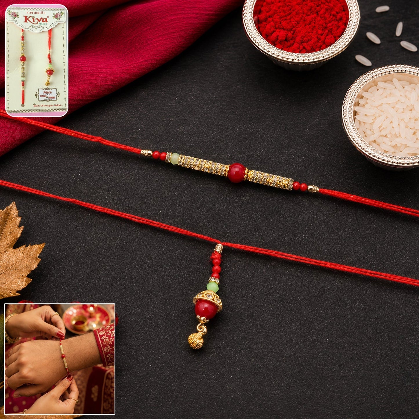Top view of elegant red pearl Bhabhi Rakhi with gold charm