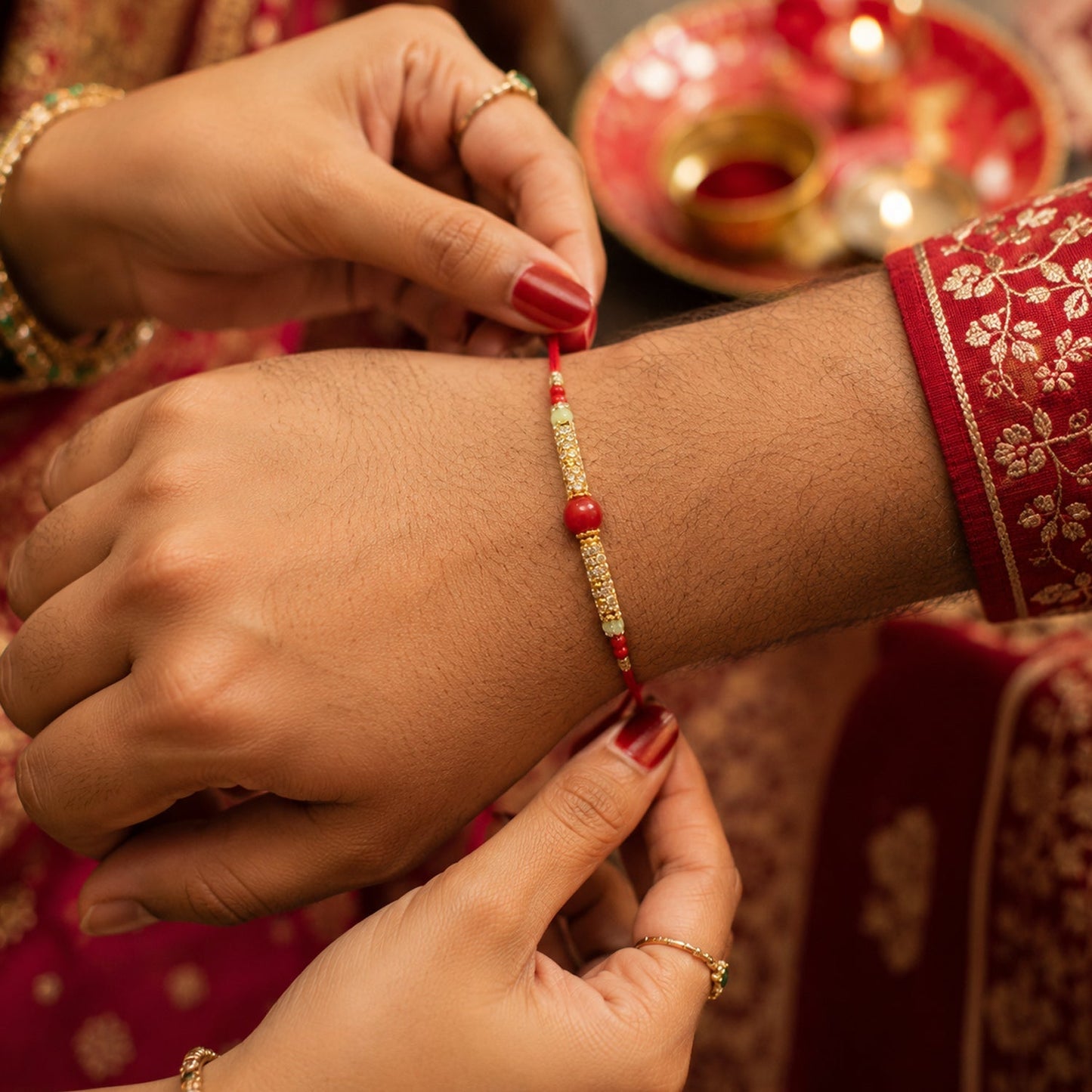 Bhabhi Rakhi with gold charm in hand, crafted with pearls