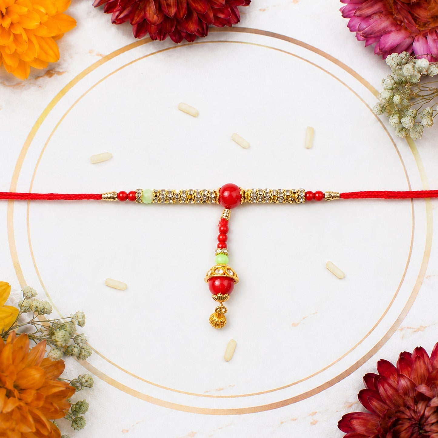 Side angle of Bhabhi Rakhi showcasing the golden charm