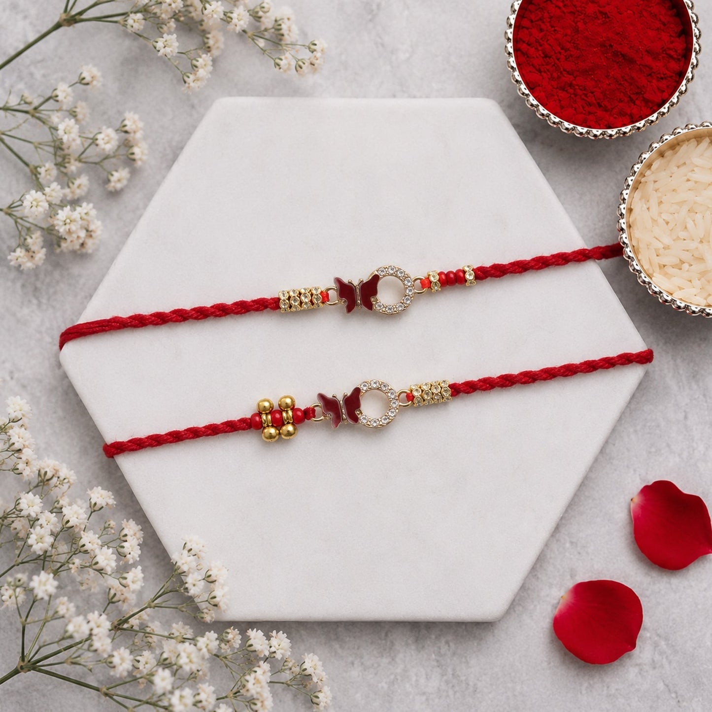 Full view of Mirror Stone Bhabhi Rakhi on white background, elegant design