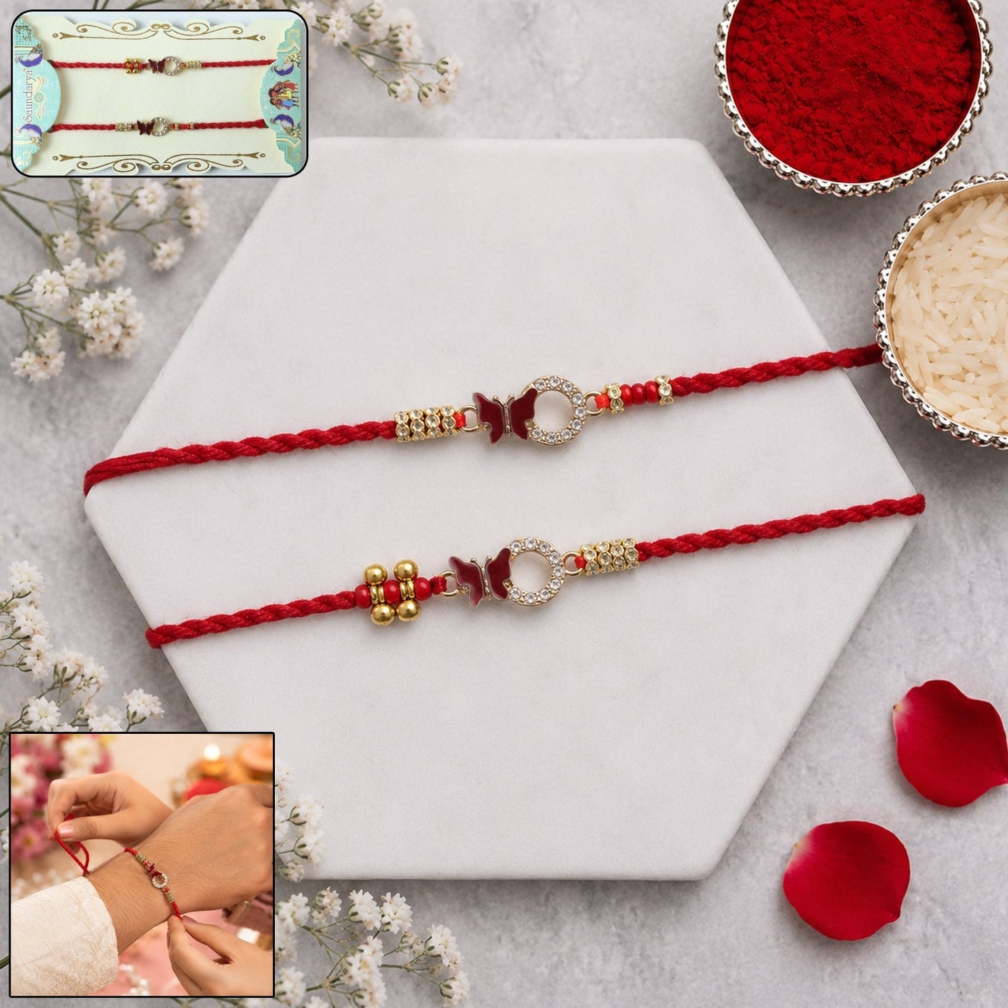 Close-up of Mirror Stone Bhabhi Rakhi with red thread, detailed craftsmanship