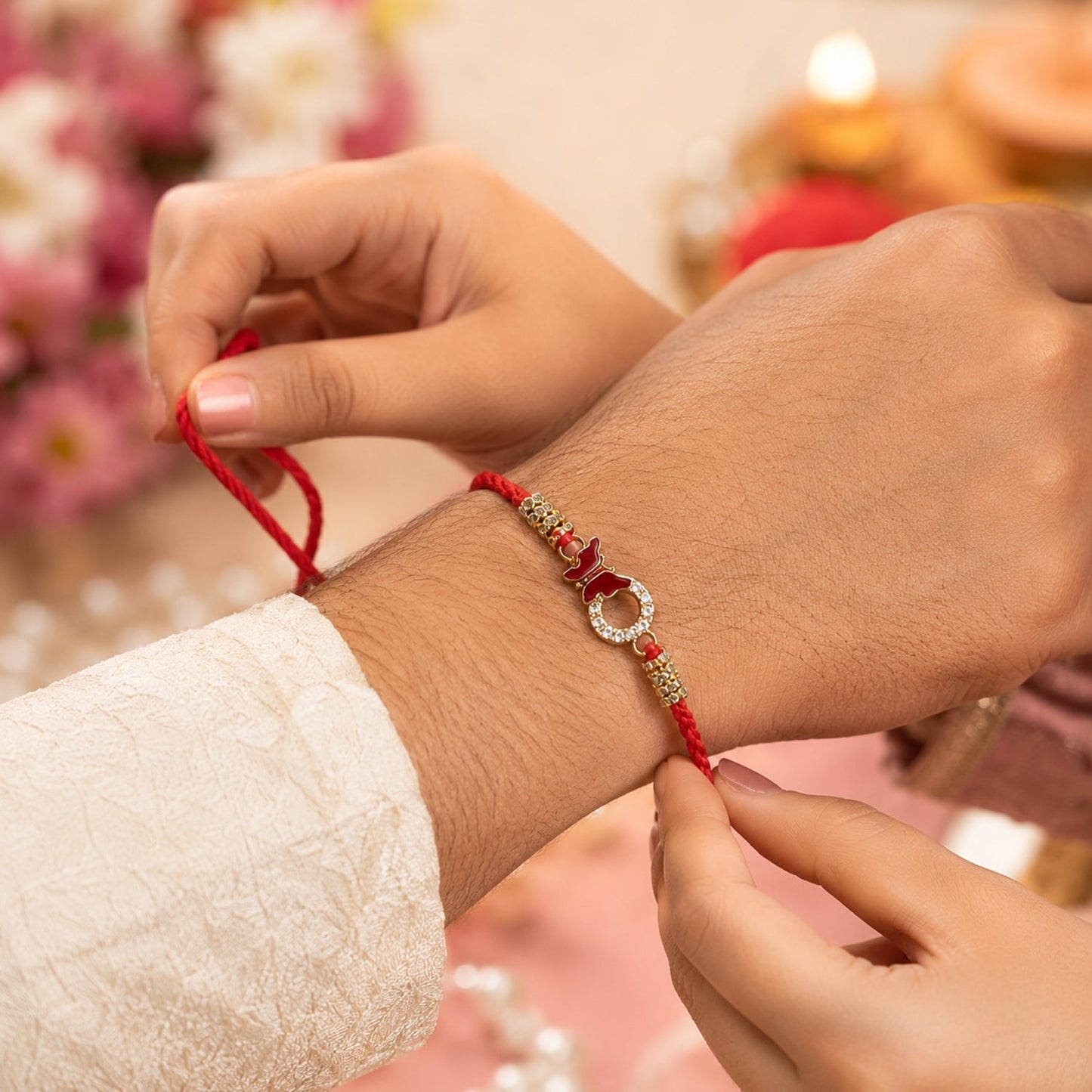 Detailed mirror stone embellishments on Bhabhi Rakhi