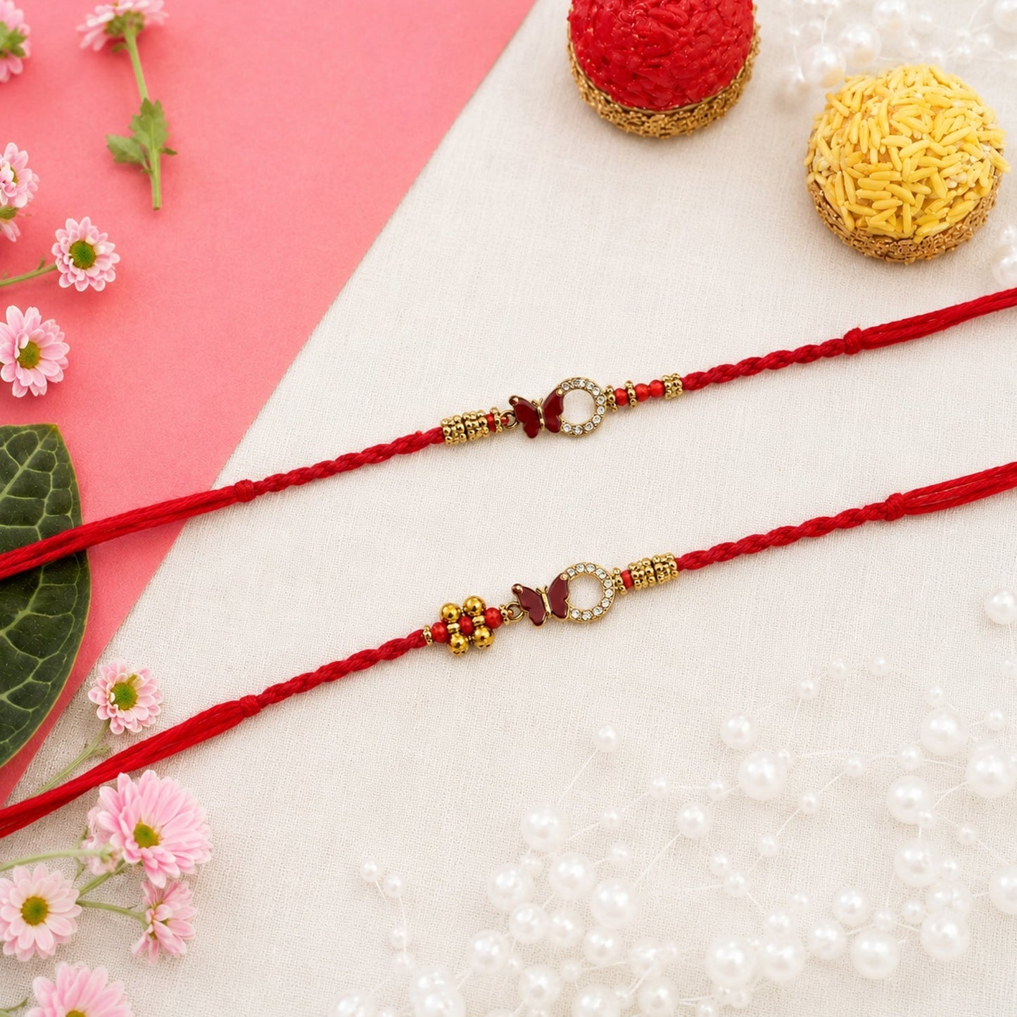 Complete set of Mirror Stone Bhabhi Rakhi with vibrant red thread