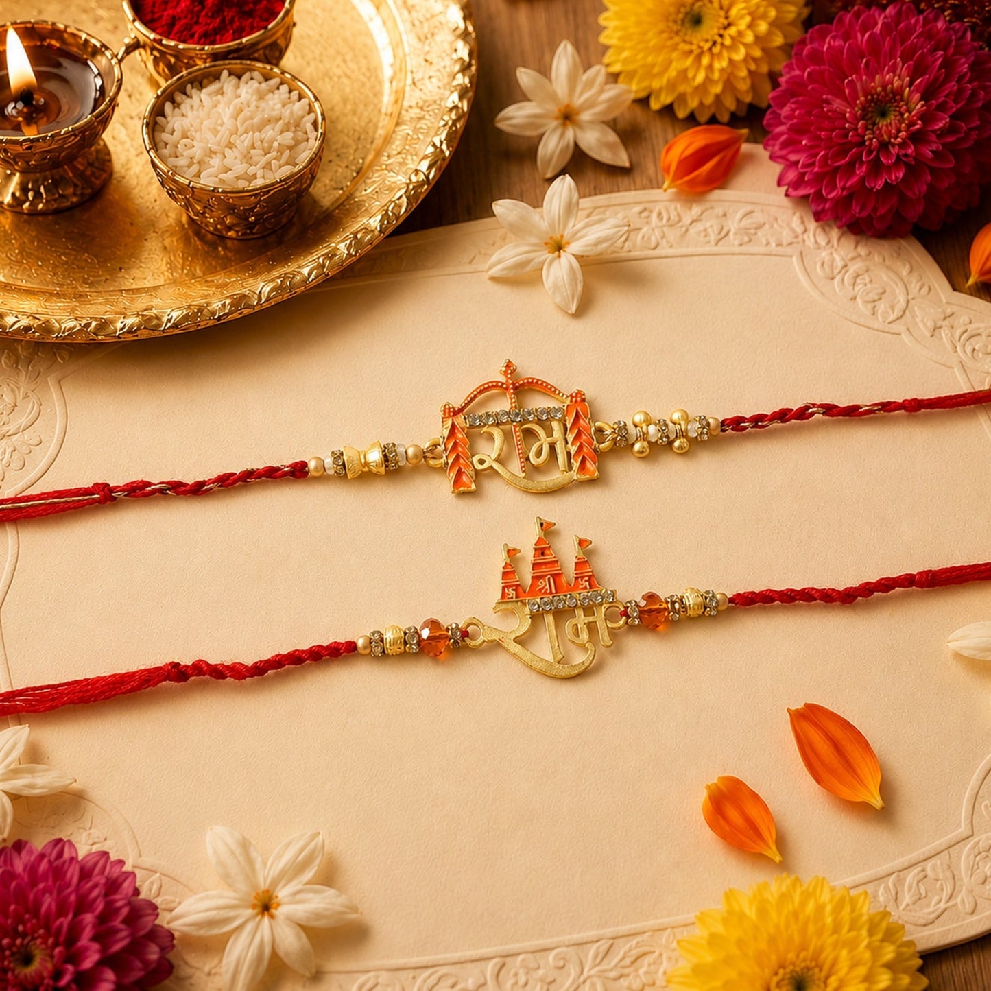 Elegant Bhabhi Rakhi with golden latkan on white background