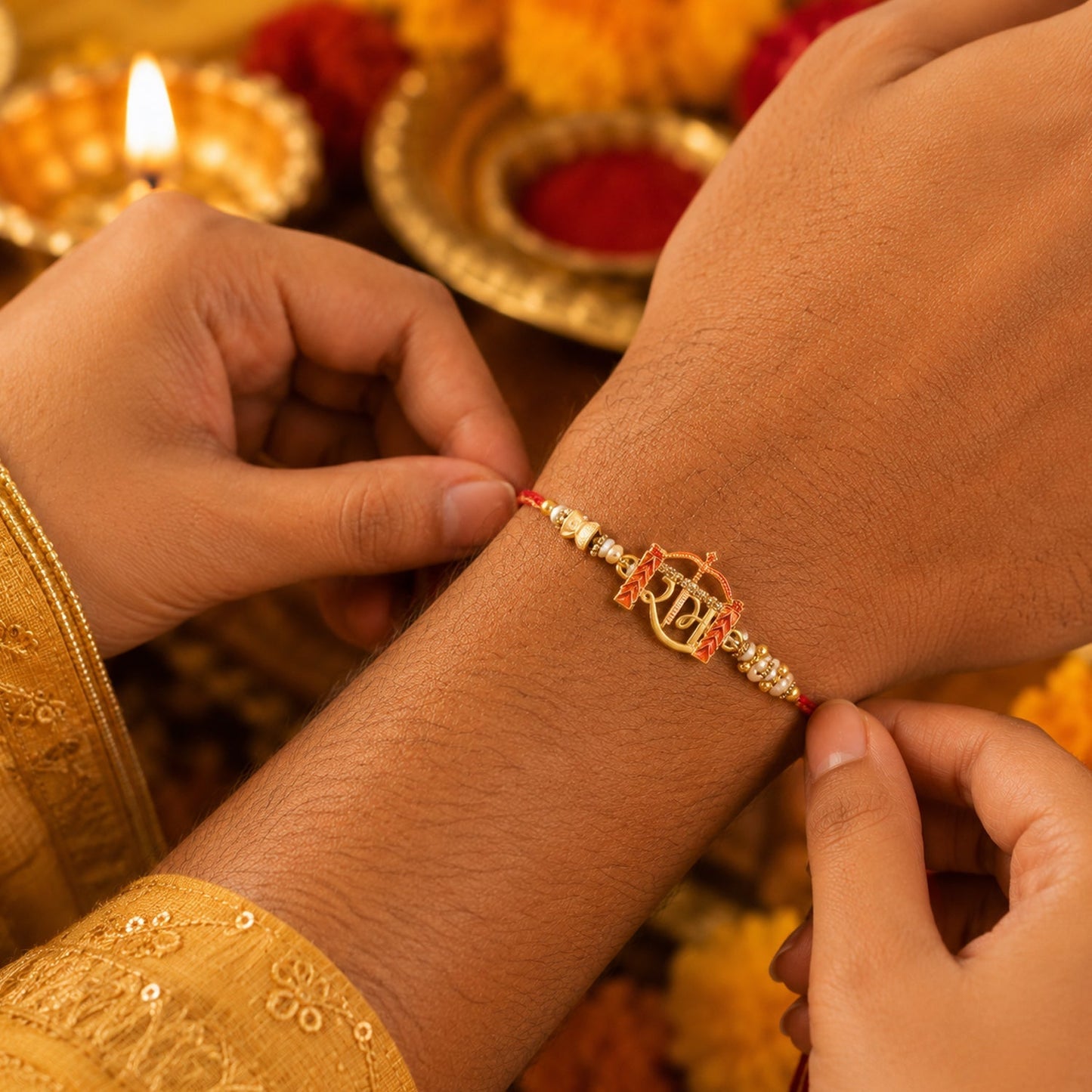 Detailed view of Bhabhi Rakhi golden latkan ornament