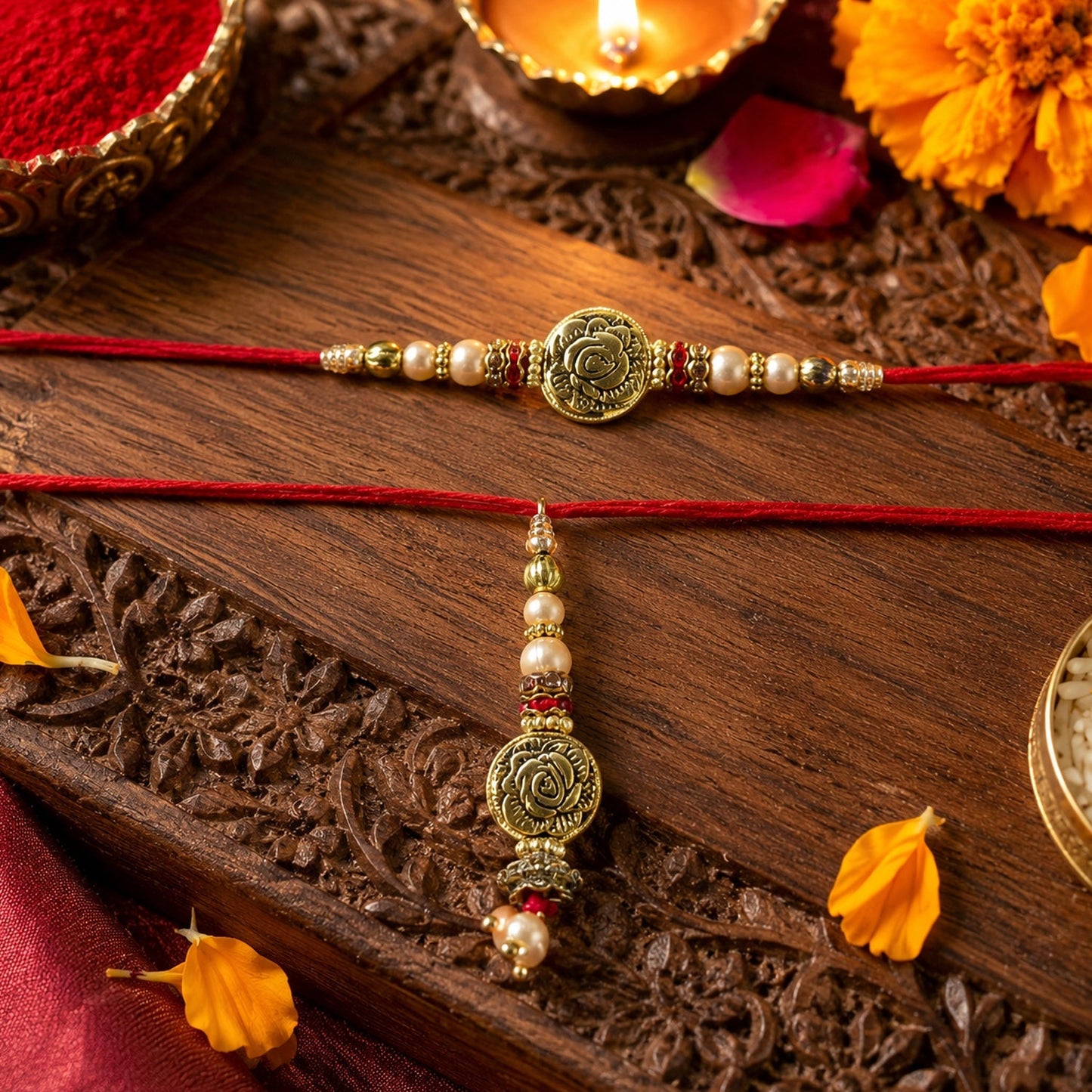 Close-up of Antique Round Bhabhi Rakhi with pearl drop showcasing craftsmanship