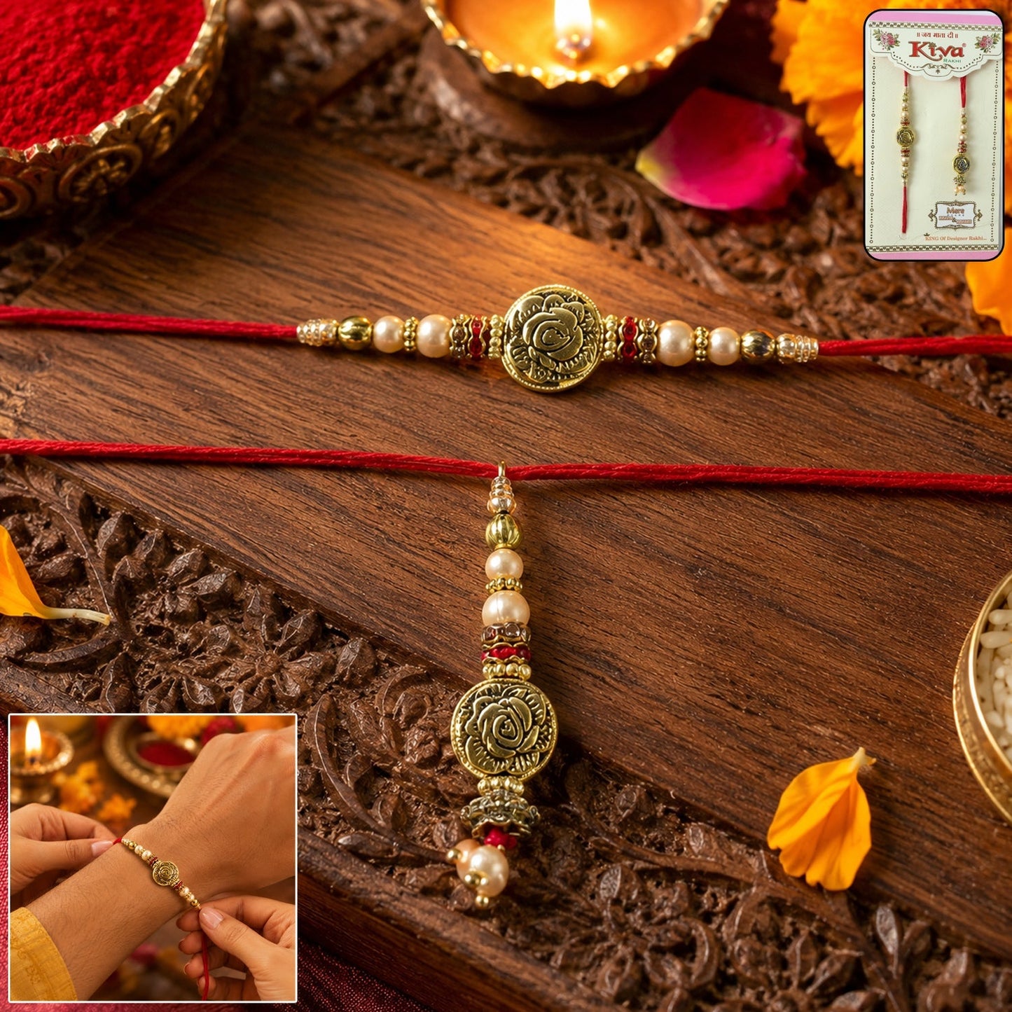 Rakhi with pearl drop next to gift box