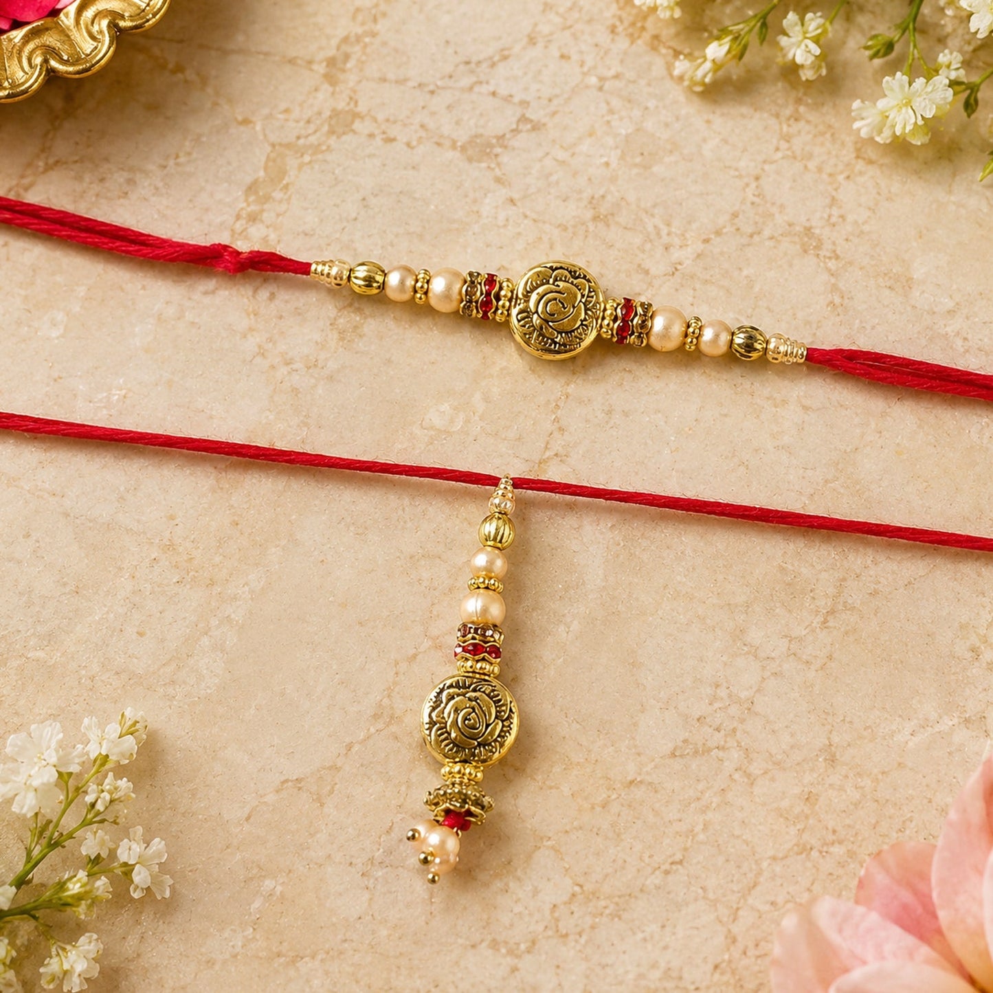 Side view of Antique Bhabhi Rakhi with pearl drop on white background