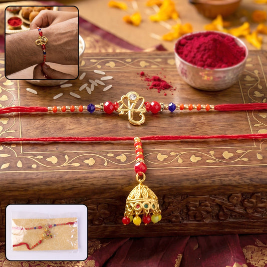 Front view of Om Charm Bhabhi Rakhi with Jhumka Latkan and traditional design