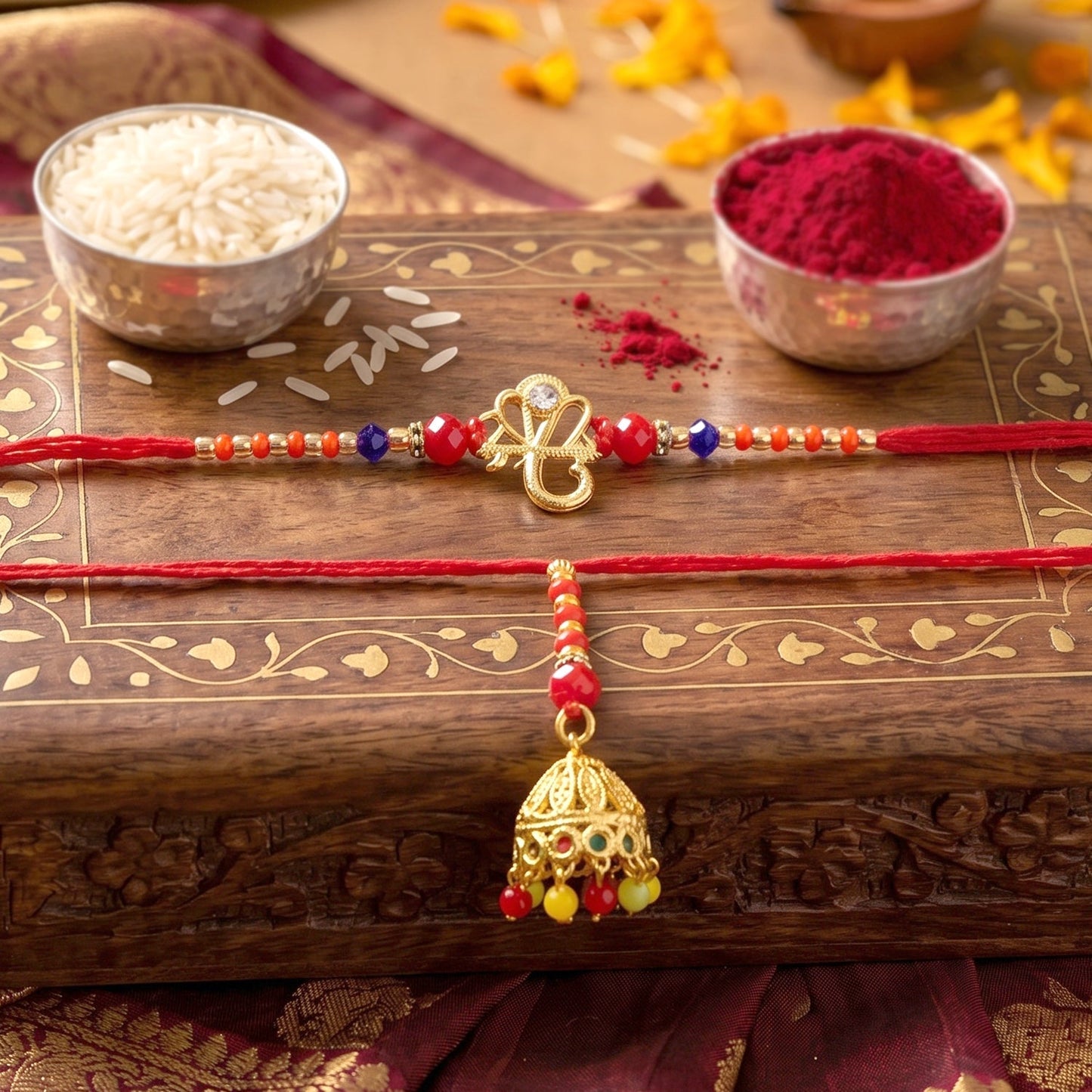 Flat lay of Om Charm Bhabhi Rakhi with decorative thread