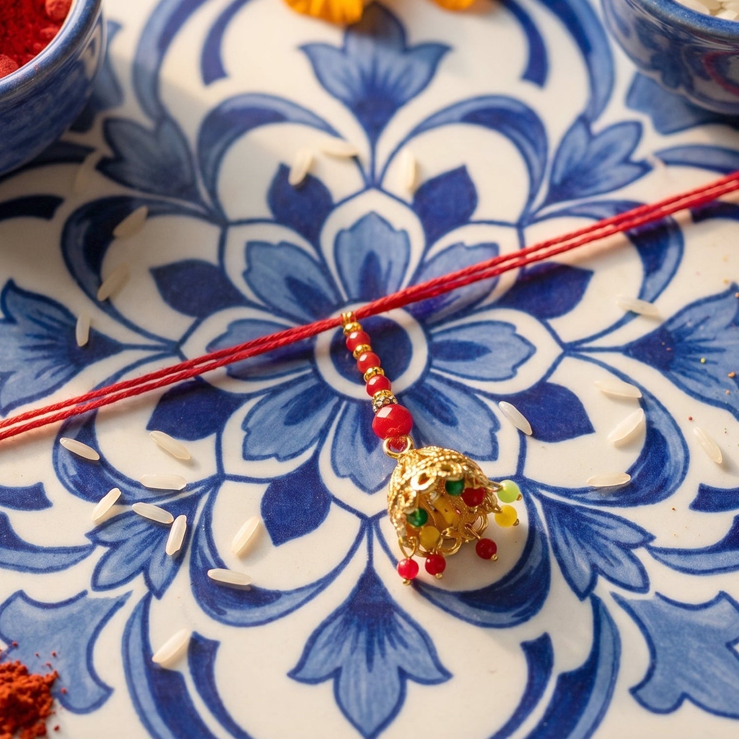 Close-up of Jhumka Latkan detail on Om Charm Bhabhi Rakhi