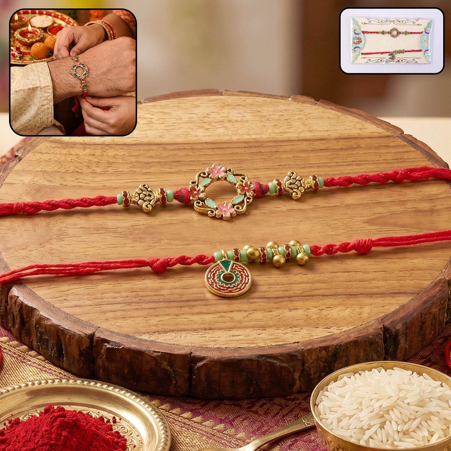 Elegant floral stone Bhabhi Rakhi with pearl hanging on white background
