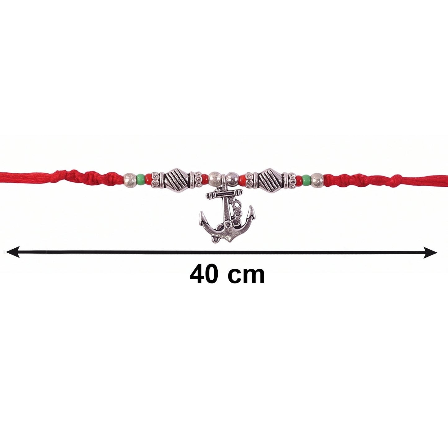Detailed shot of thread and silver tone charms on Rakhi