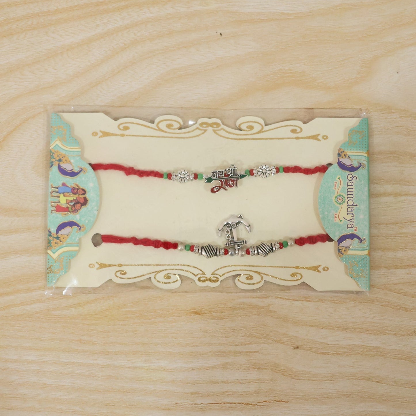 Rakhi pair arranged with traditional Raksha Bandhan items
