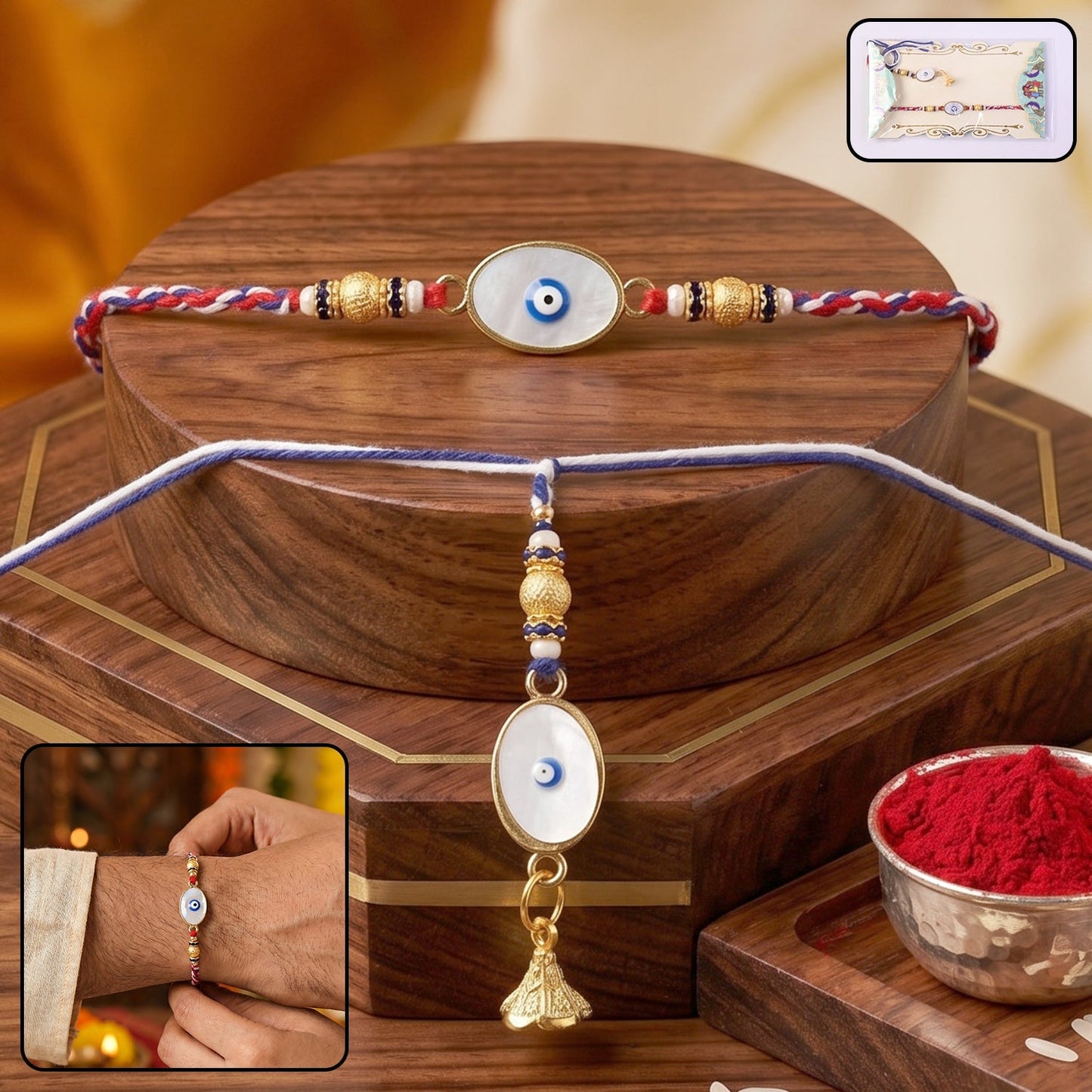 Main image of Evil Eye Bhabhi Rakhi with White Bead Latkan showing intricate design