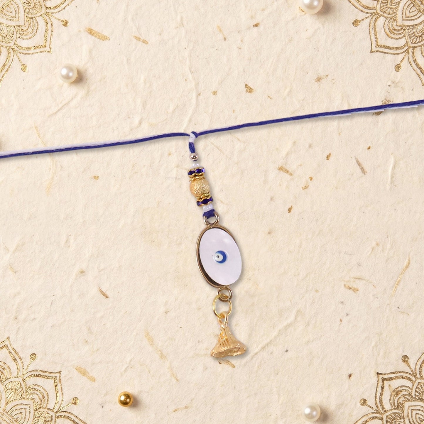 Full length of Evil Eye Bhabhi Rakhi with white beads for special occasions