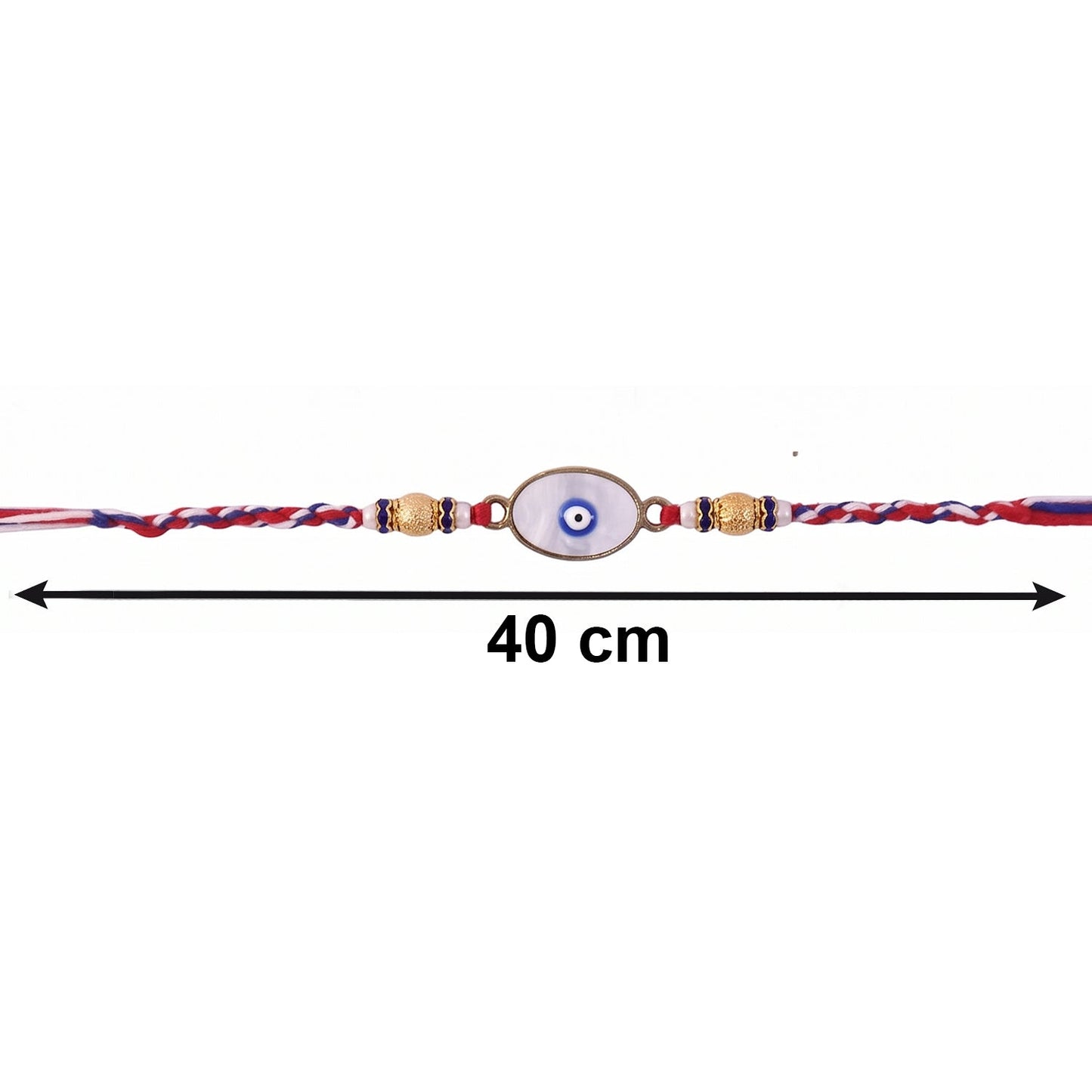 Detail of Evil Eye Bhabhi Rakhi thread and white bead design