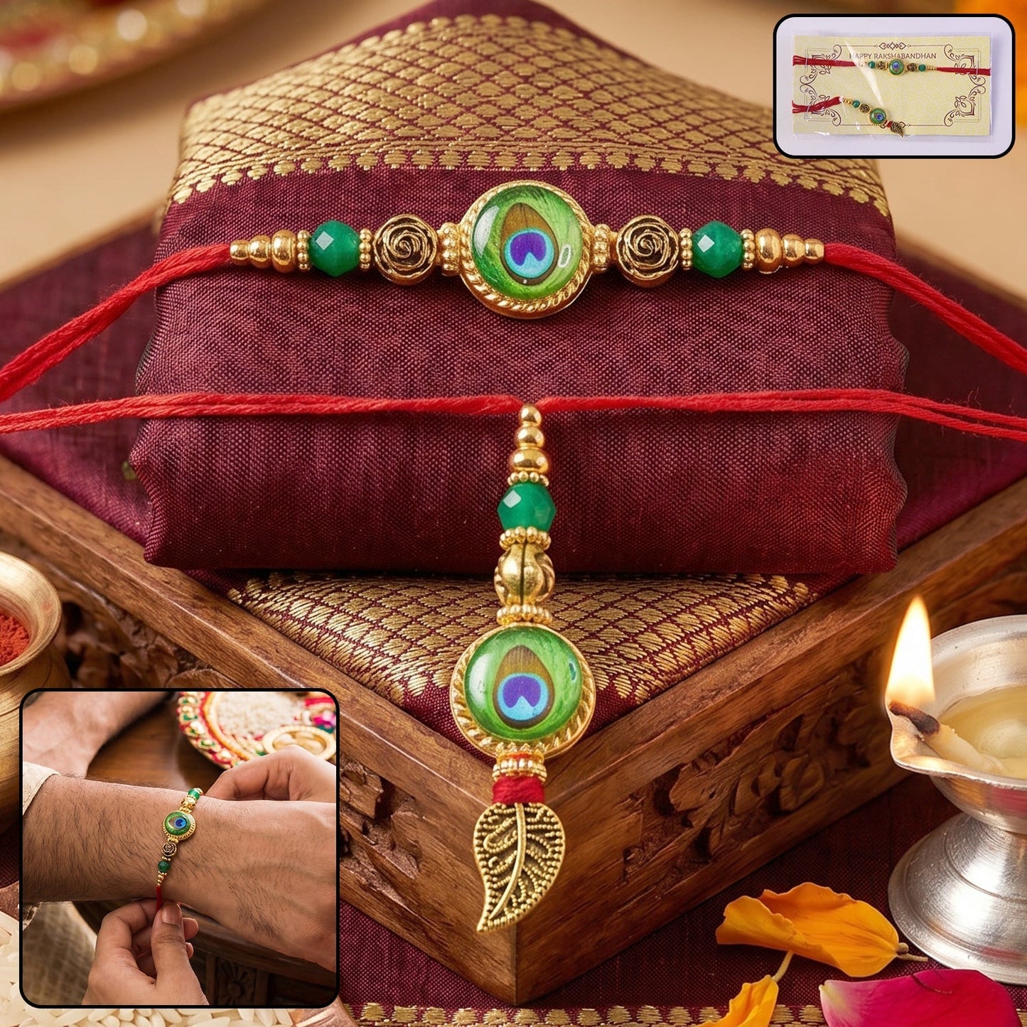 Close-up of Evil Eye Peacock Bhabhi Rakhi with Leaf Latkan design