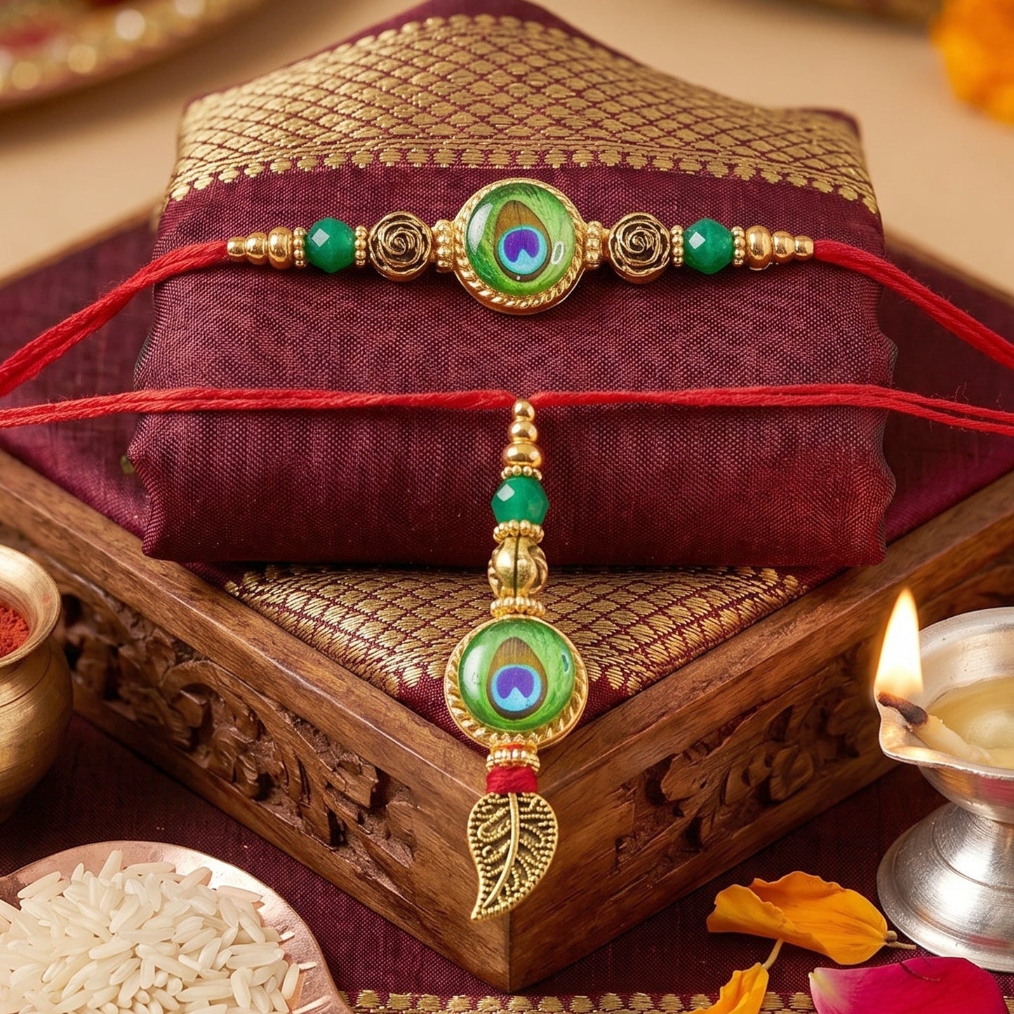 Detailed view of handcrafted Evil Eye Peacock Bhabhi Rakhi with leaf accents