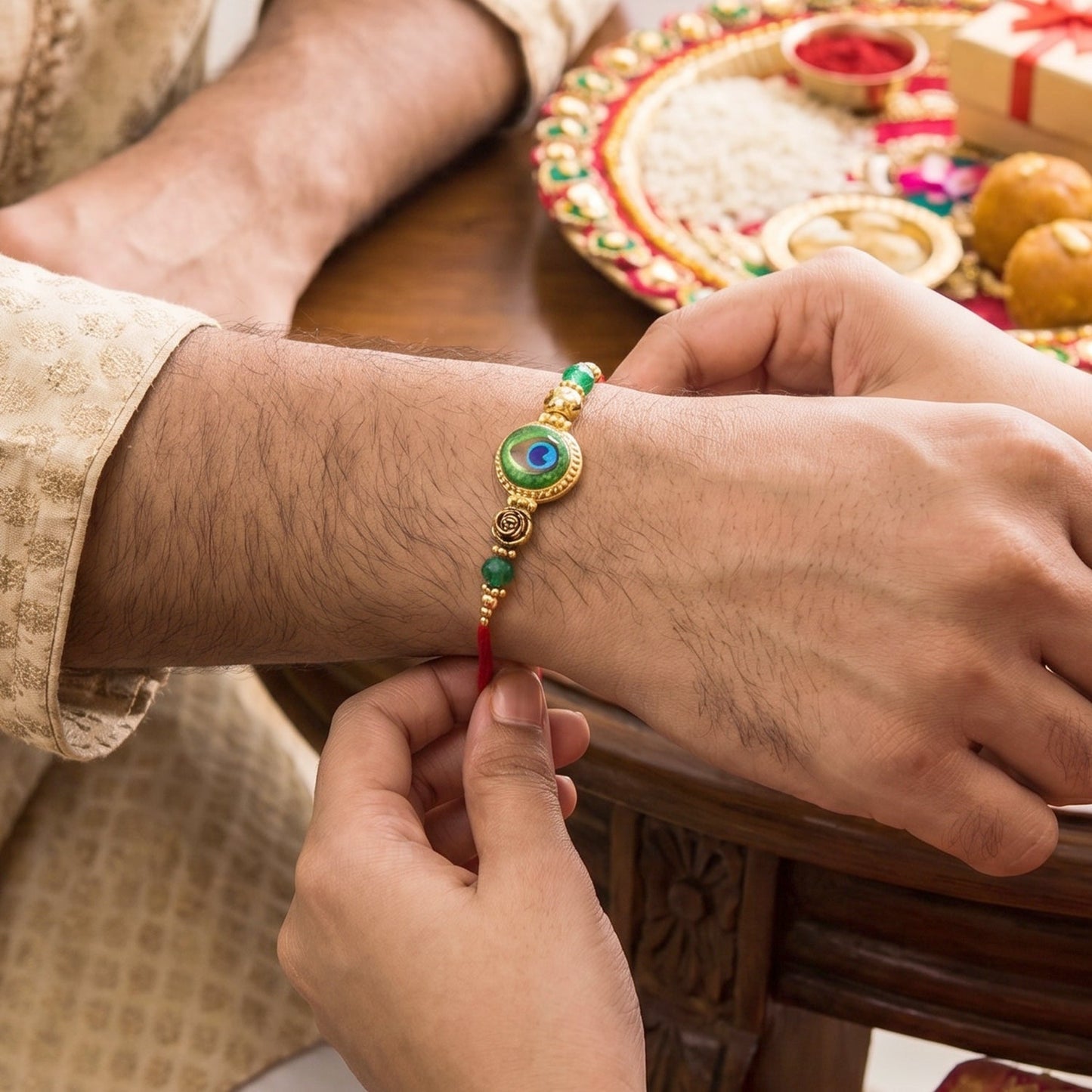 Elegant Evil Eye Peacock Bhabhi Rakhi with leaf latkan