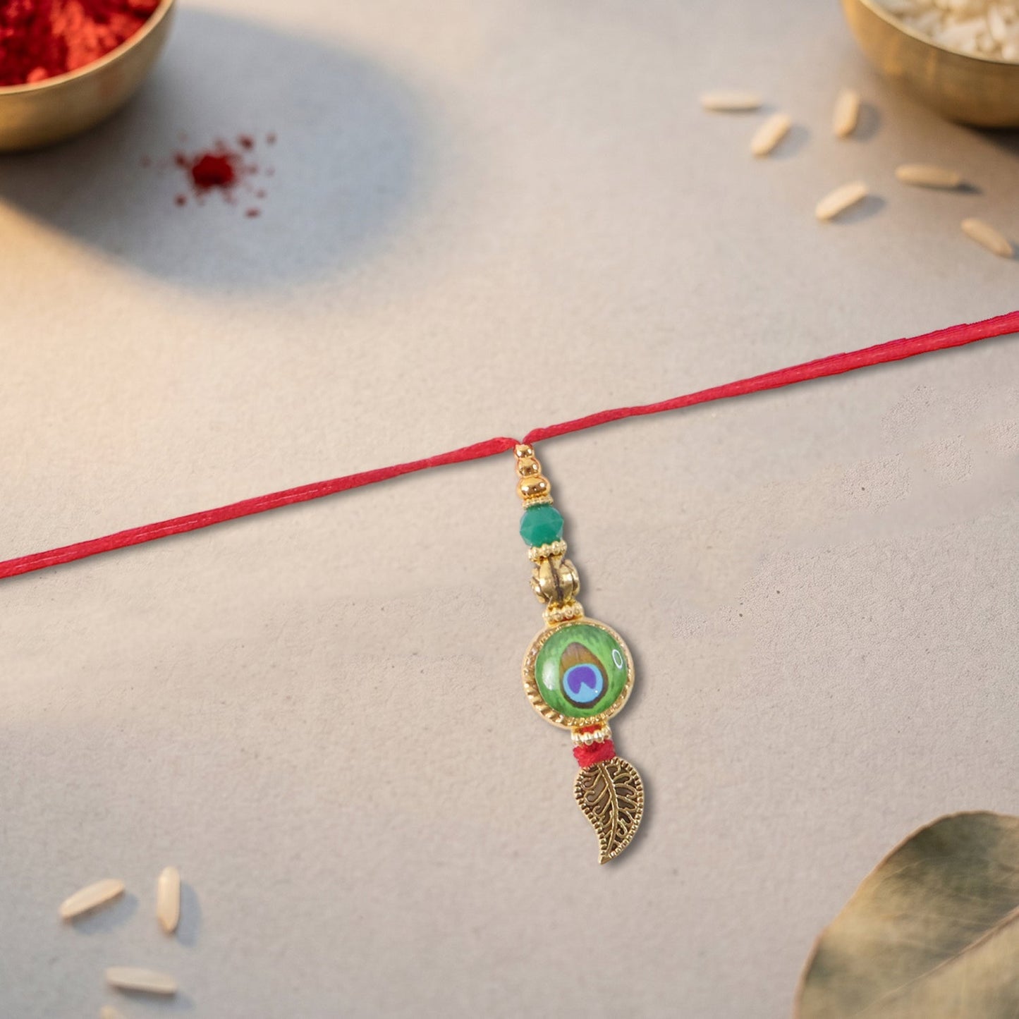 Traditional design of Evil Eye Peacock Bhabhi Rakhi on display