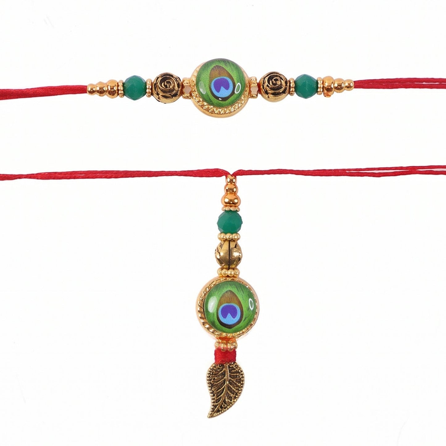 Side view of Evil Eye Peacock Bhabhi Rakhi with leaf latkan