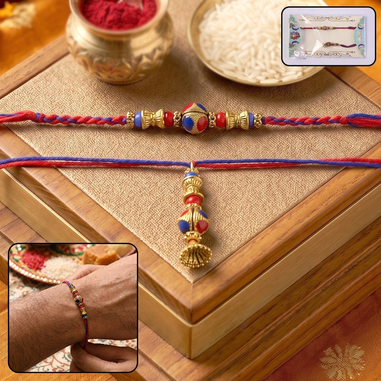Front view of multicolor bead Bhabhi Rakhi with Jhumka Latkan
