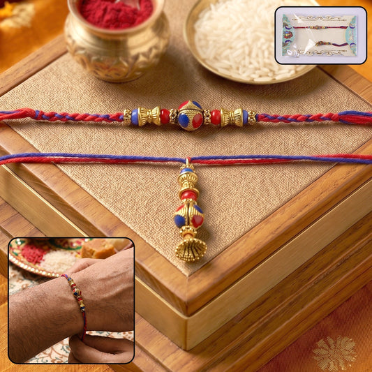 Front view of multicolor bead Bhabhi Rakhi with Jhumka Latkan