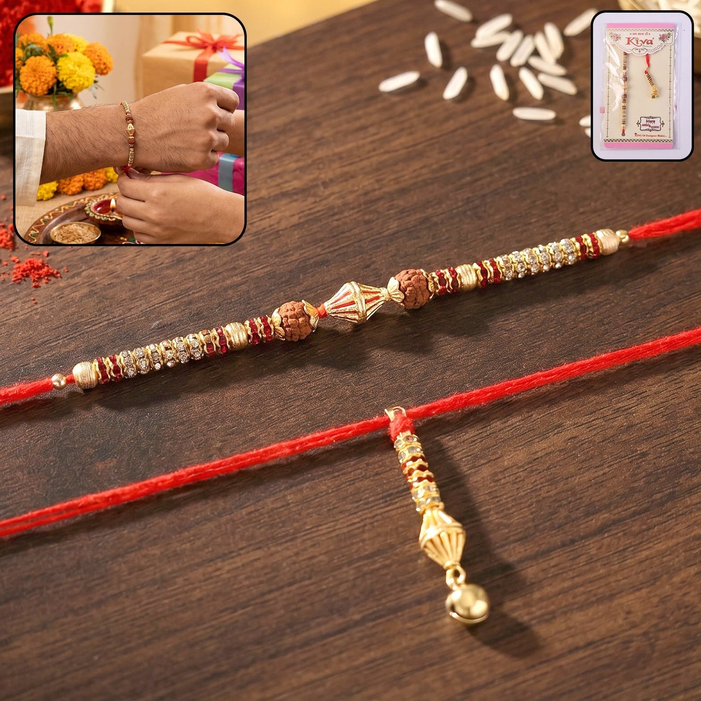 Close-up of elegant pearl bead Rakhi with gold latkan detail