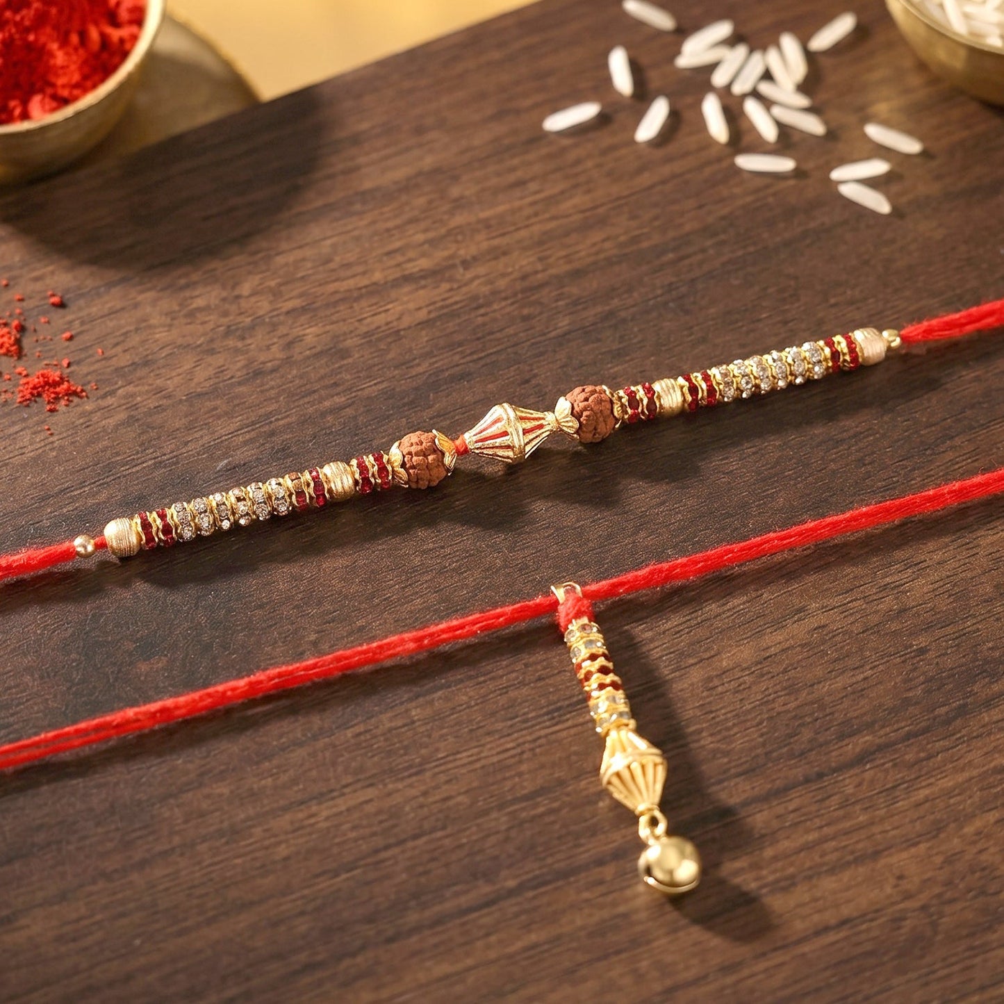 Hand holding stylish Pearl Bead Rakhi with gold latkan